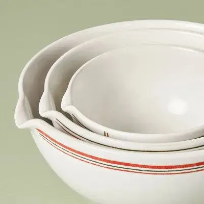 3pc Christmas Plaid Stripes Stoneware Mixing Bowl Set Cream/Red/Green - Hearth & Hand with Magnolia