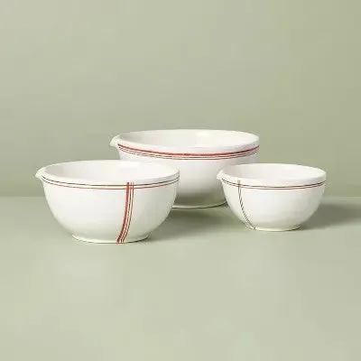 3pc Christmas Plaid Stripes Stoneware Mixing Bowl Set Cream/Red/Green - Hearth & Hand with Magnolia