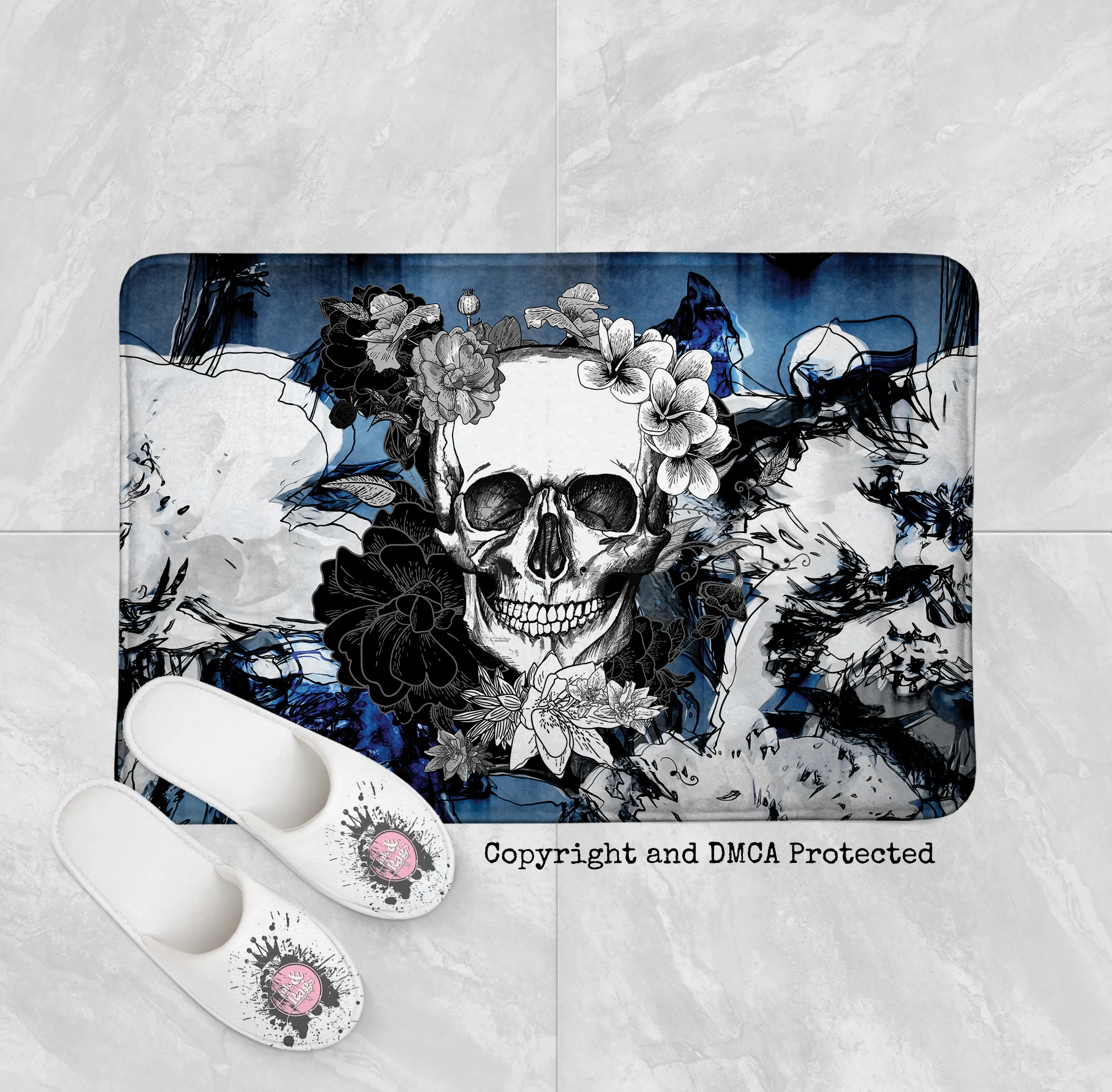 Abstract Blue Flower Skull Shower Curtains and Optional Bath Mats