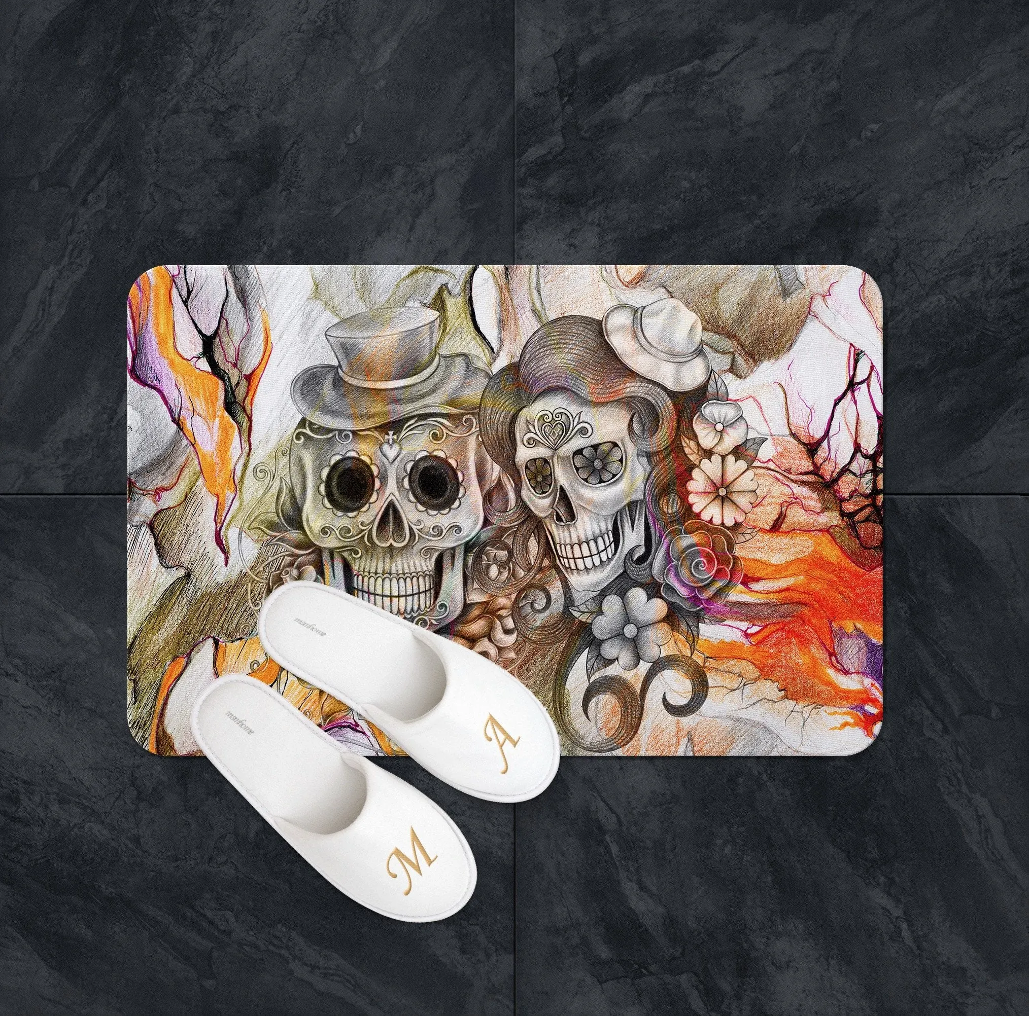 Abstract Orange Pencil Sketch Flower and Sugar Skull Shower Curtains and Optional Bath Mats