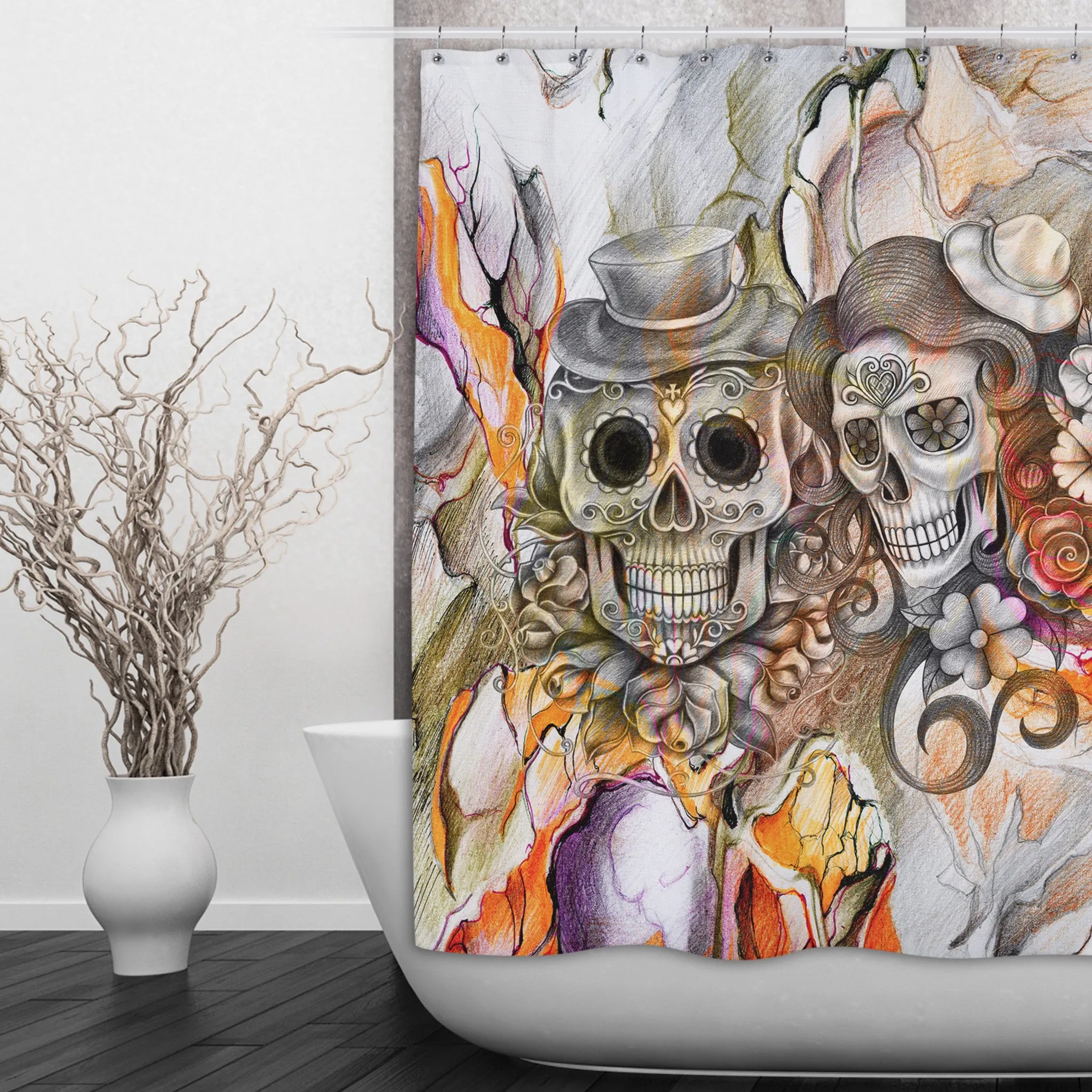 Abstract Orange Pencil Sketch Flower and Sugar Skull Shower Curtains and Optional Bath Mats