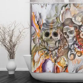 Abstract Orange Pencil Sketch Flower and Sugar Skull Shower Curtains and Optional Bath Mats