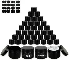 Acrux7 40 Pack 4 oz Black Plastic Jars, Small Round Cosmetic Cream Jars with Lids & Labels, Refillable Plastic Cream Container 120 ml Leak Proof Travel Jars for Creams, Lotion, Body Butter, Body Scrub