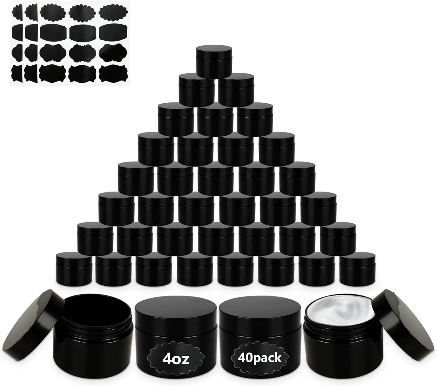 Acrux7 40 Pack 4 oz Black Plastic Jars, Small Round Cosmetic Cream Jars with Lids & Labels, Refillable Plastic Cream Container 120 ml Leak Proof Travel Jars for Creams, Lotion, Body Butter, Body Scrub