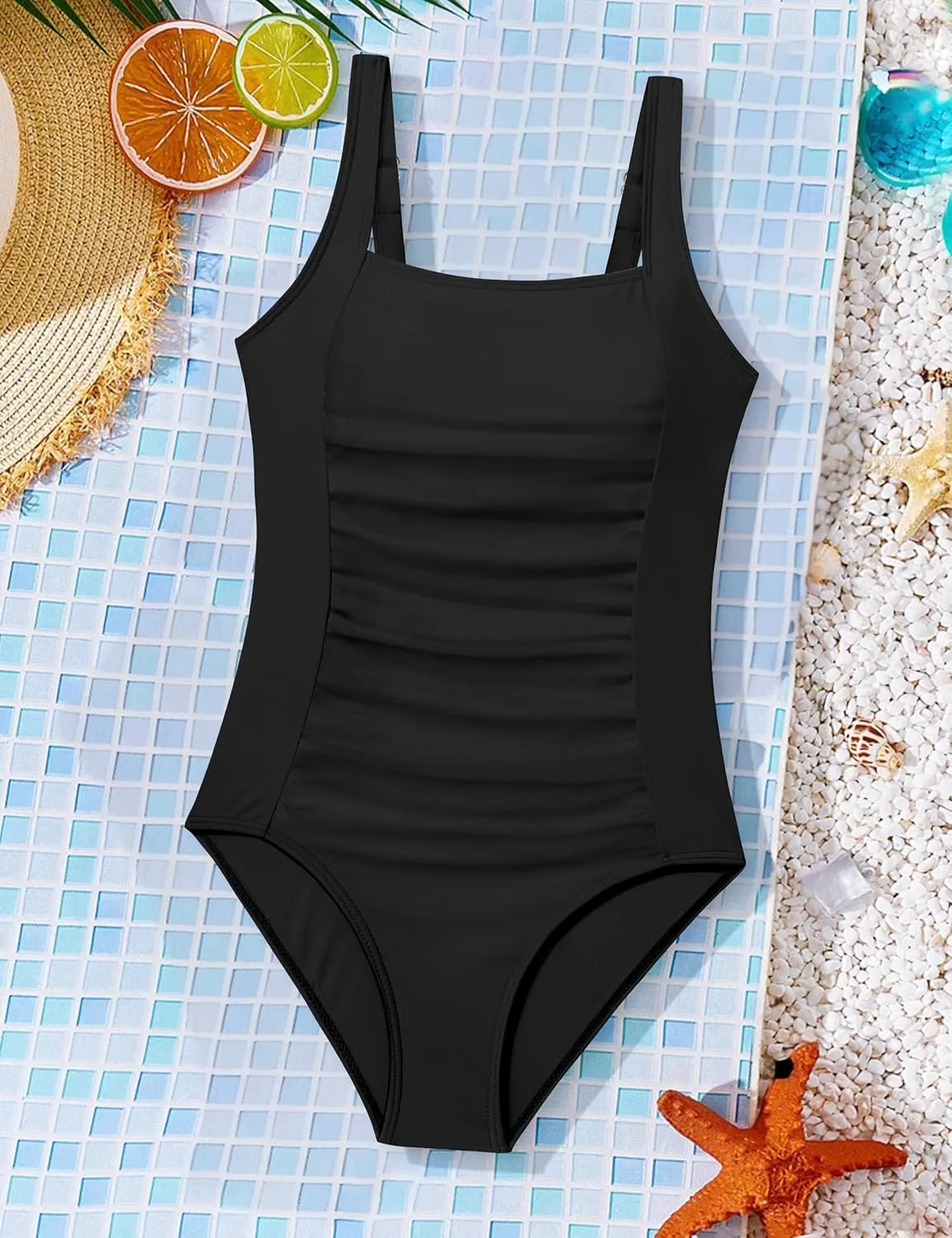 BAVEDER Girls Swimsuit One Piece Swimsuits Solid Ruched Bathing Suit for Girls Full Coverage Modest Padded Swimwear 9-16y