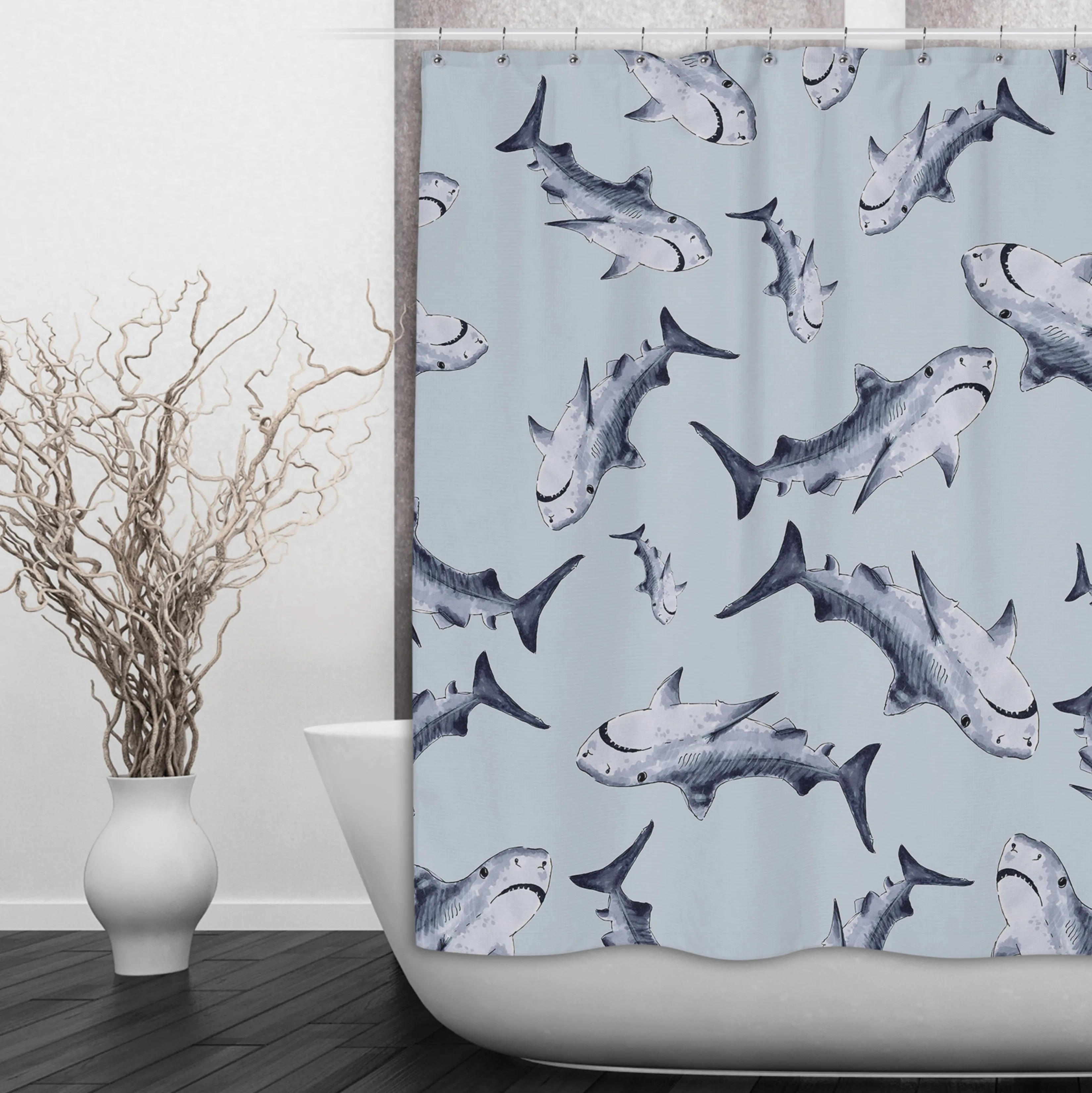 Blue Shark Shower Curtains and Optional Bath Mats