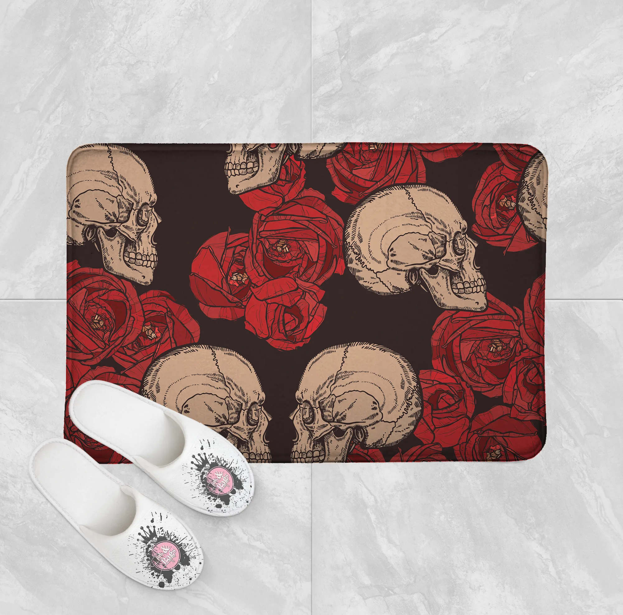 Cameo Skull with Red Roses Shower Curtains and Optional Bath Mats