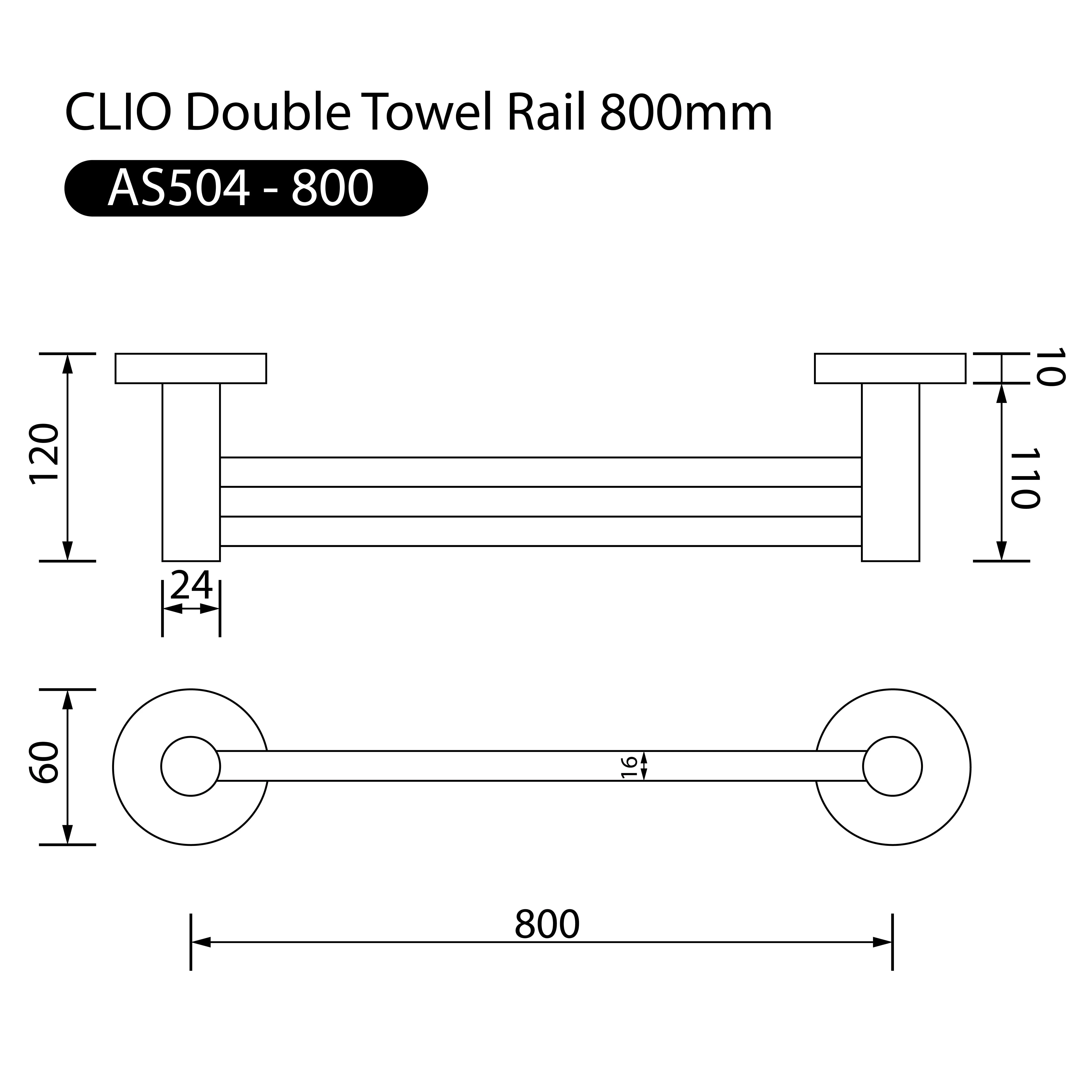 Clio Double Towel Rail 800mm Chrome