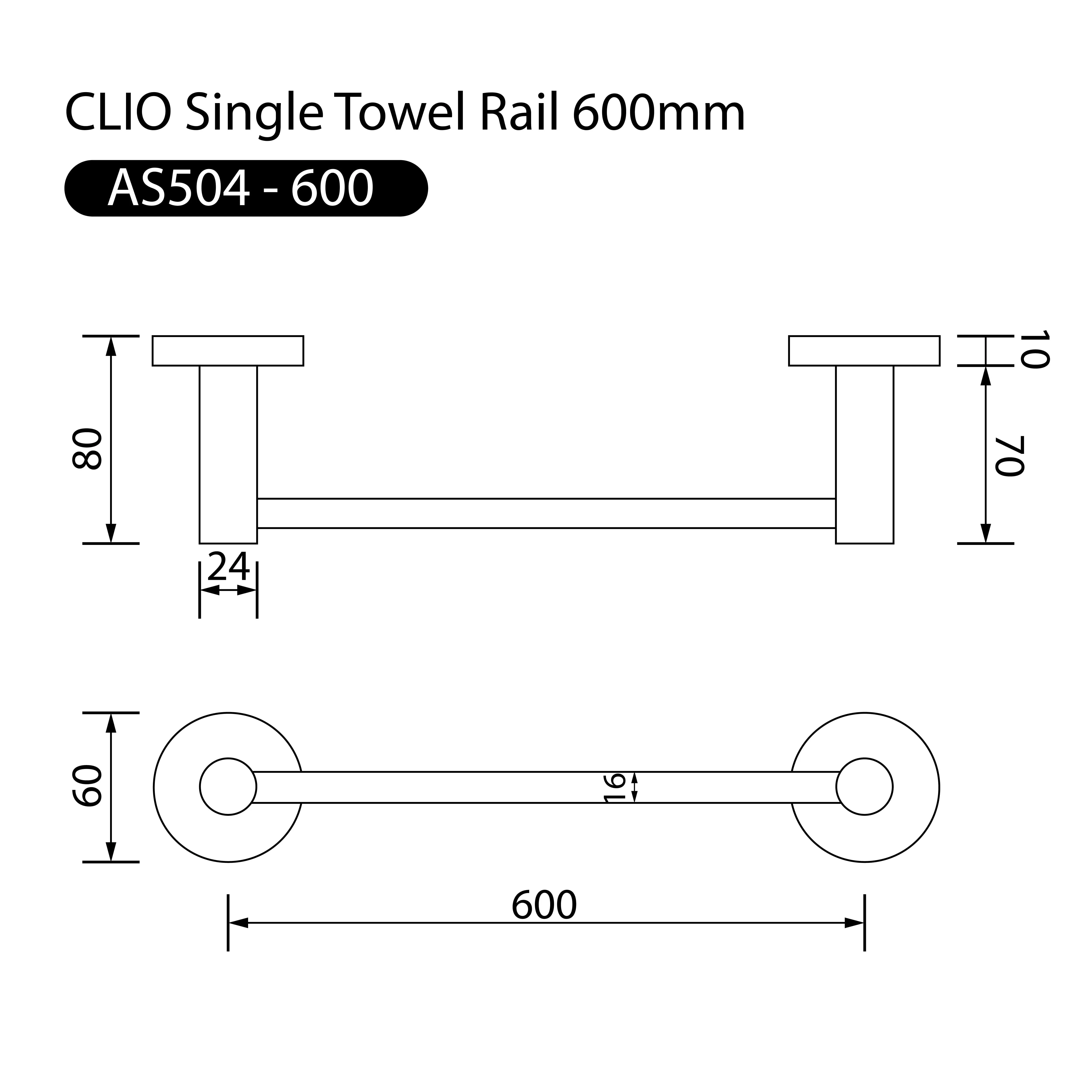 Clio Single Towel Rail 600mm Chrome