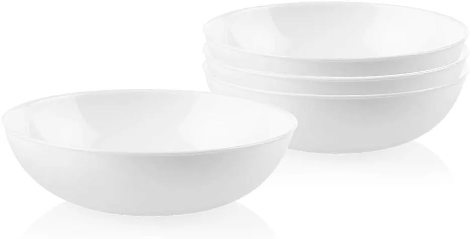 Corelle 4-Pc Meal Bowls Set Service for 4, Durable and Eco-Friendly 9-1/4-Inch Glass Bowls, Compact Stack Bowl Set, Microwave and Dishwasher Safe, White, 46 Ounces