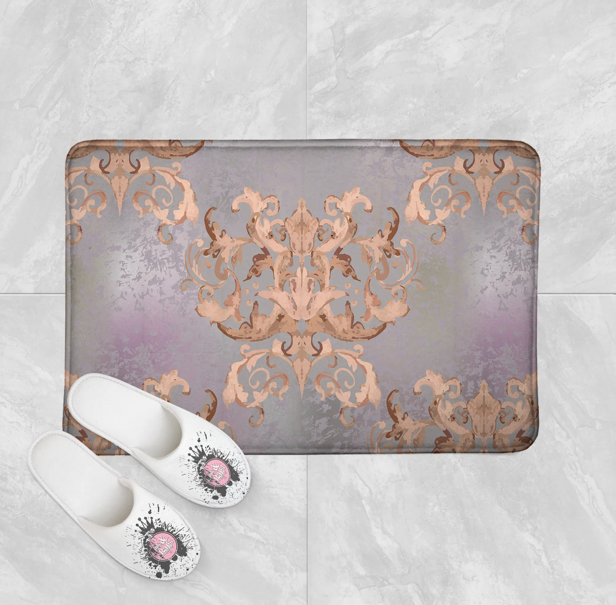 Dusk Watercolor Victorian Damask Shower Curtains and Optional Bath Mats