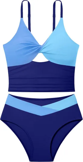 Girls Swimsuit Color Block Girls Bathing Suit Twist Tankini Set Two Piece Girl Swimwear Bikini Set for 9-16 Years