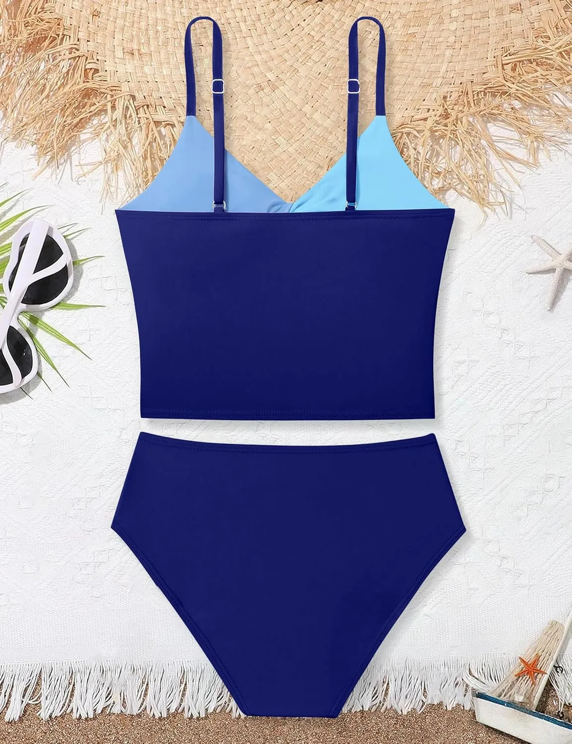 Girls Swimsuit Color Block Girls Bathing Suit Twist Tankini Set Two Piece Girl Swimwear Bikini Set for 9-16 Years