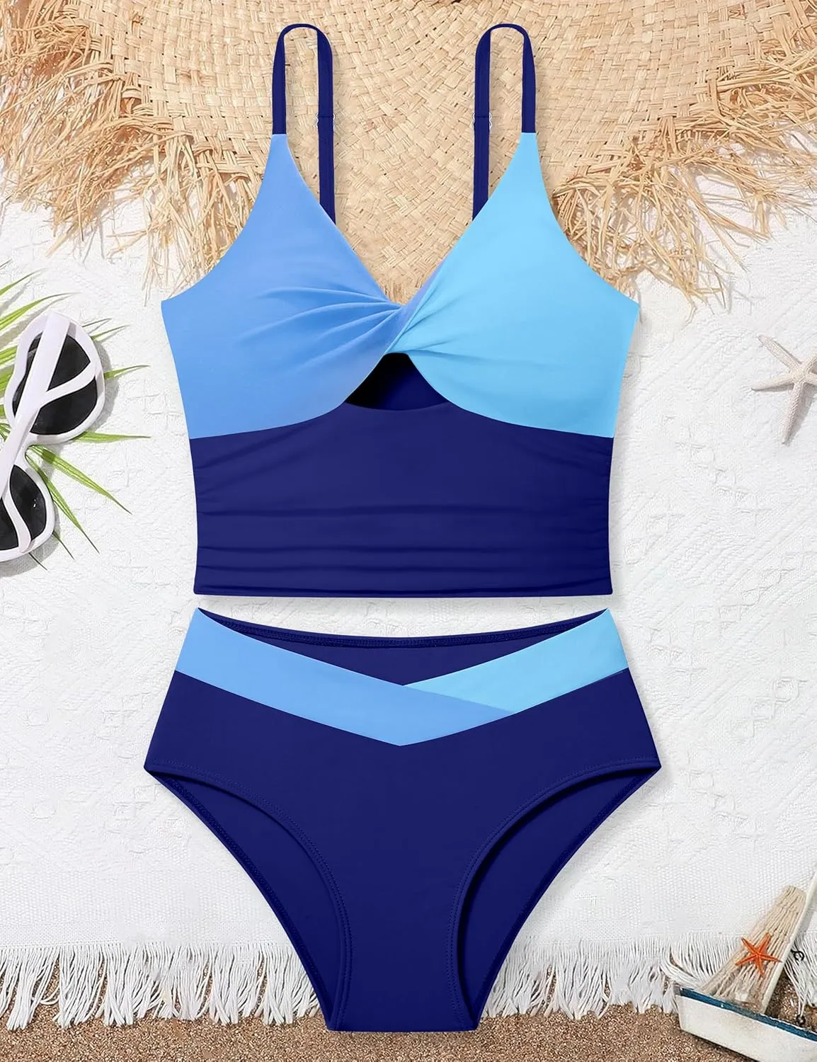 Girls Swimsuit Color Block Girls Bathing Suit Twist Tankini Set Two Piece Girl Swimwear Bikini Set for 9-16 Years