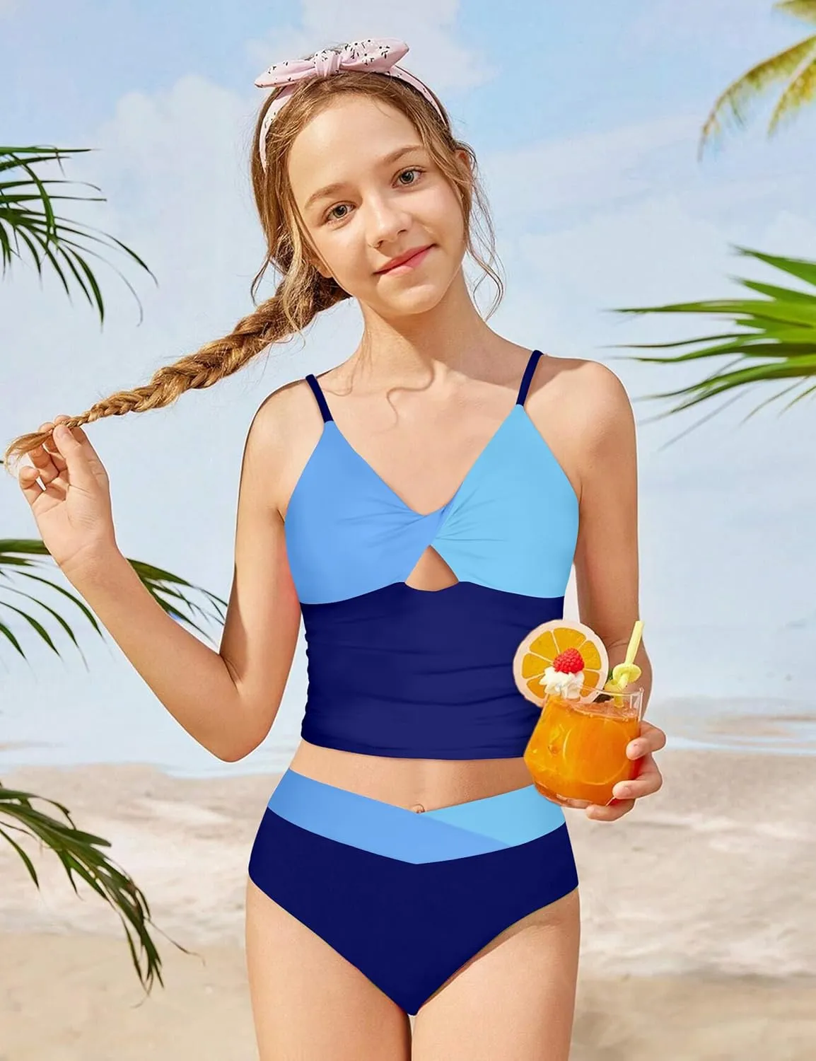 Girls Swimsuit Color Block Girls Bathing Suit Twist Tankini Set Two Piece Girl Swimwear Bikini Set for 9-16 Years