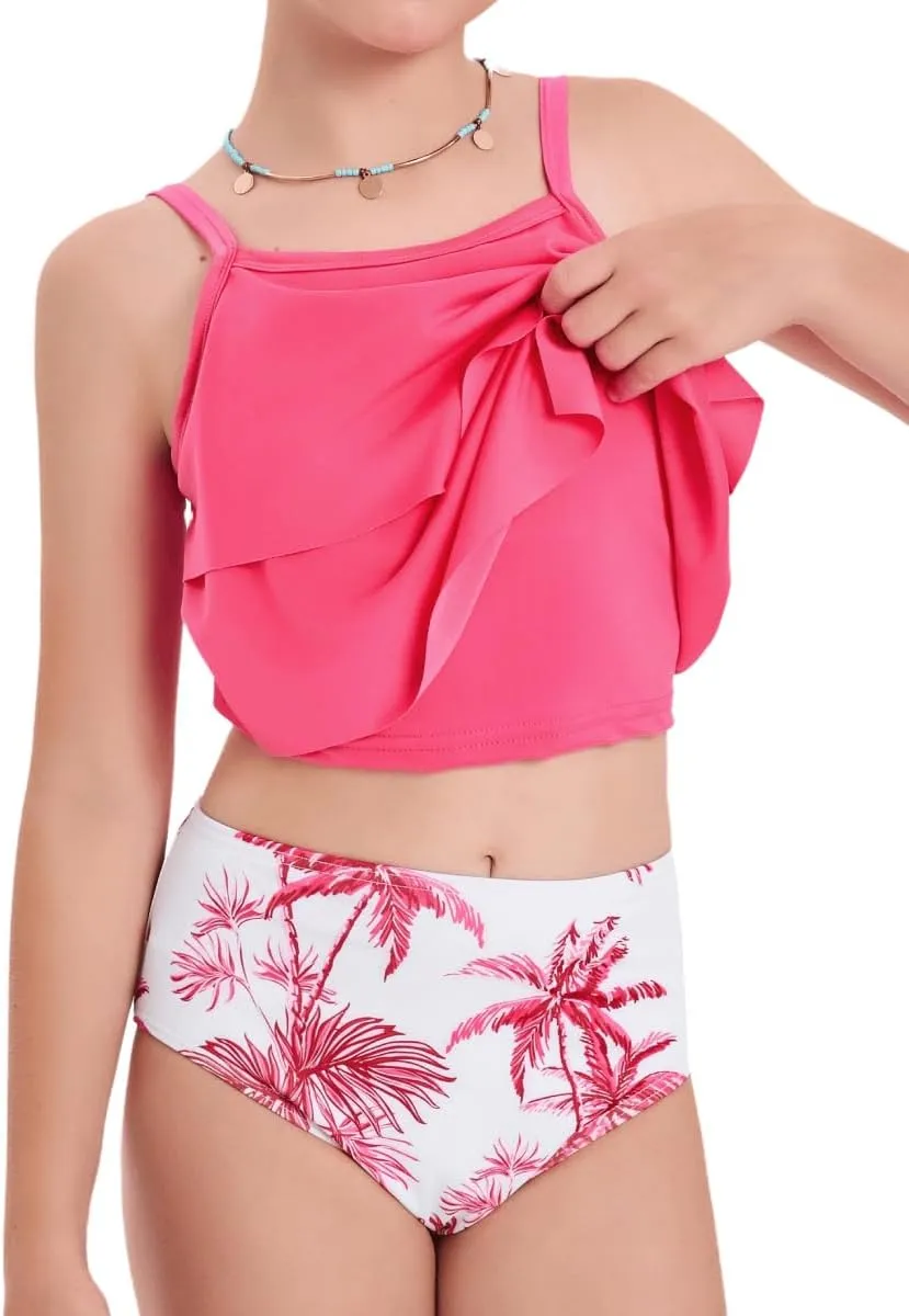 Girls Tankini Swimsuits Two Piece Bathing Suit Ruffle Swimwear Set for Girls 7-16 Years