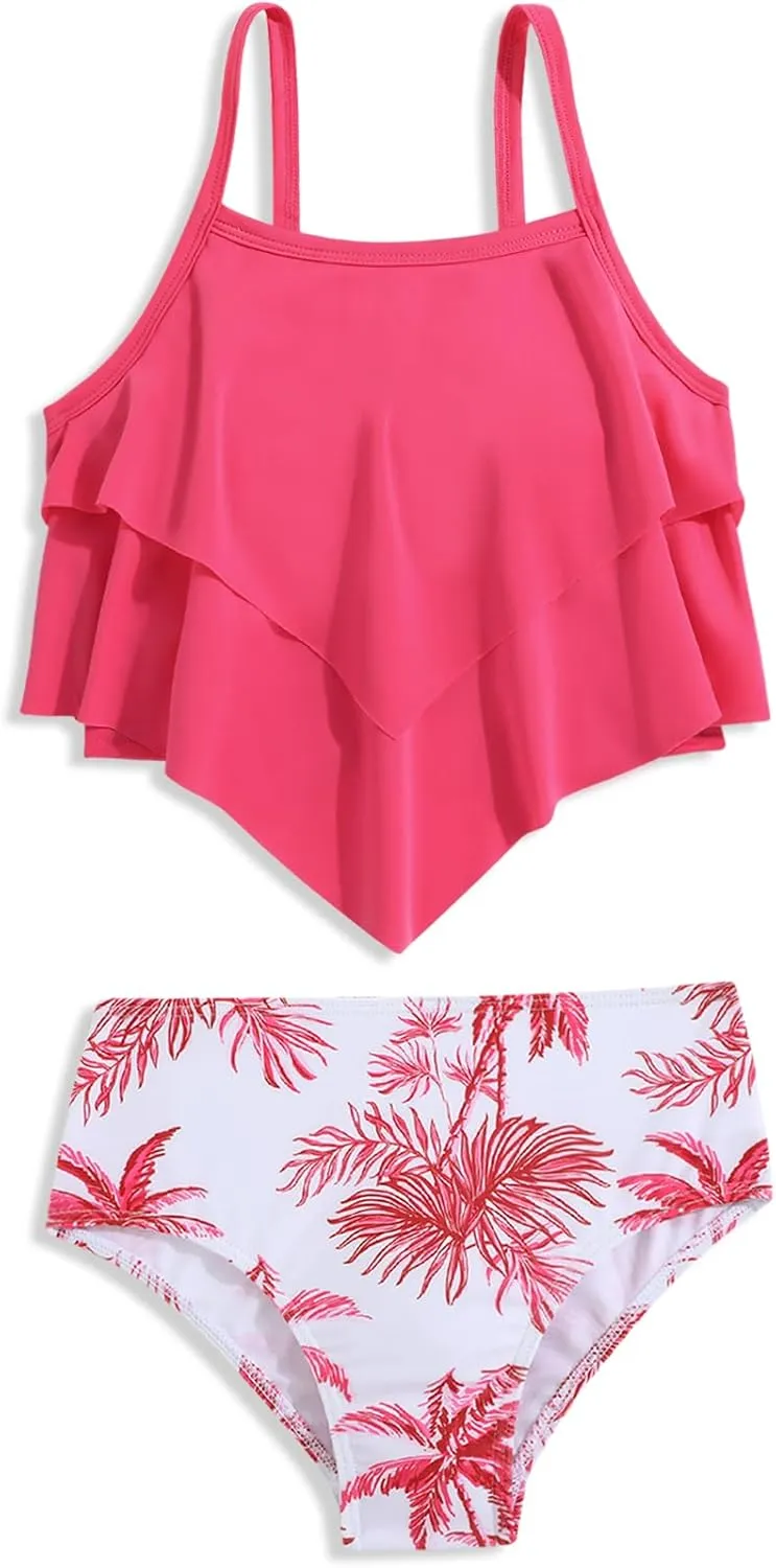 Girls Tankini Swimsuits Two Piece Bathing Suit Ruffle Swimwear Set for Girls 7-16 Years
