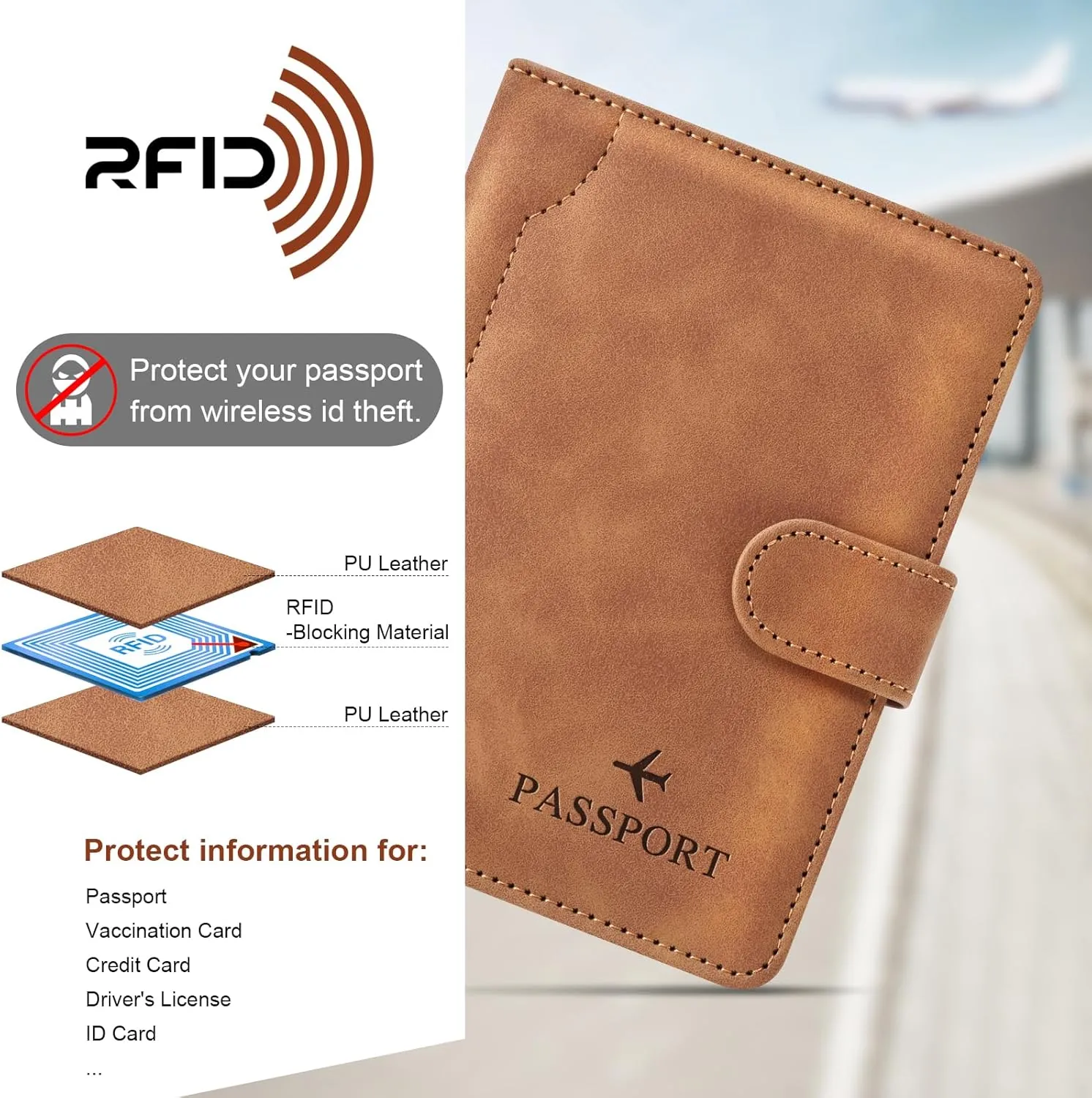 Herain Light Brown Passport Holder for Travel, Passport Wallet Cover Case Women Men Family Cruise Ship Essentials, RFID Passport Book Holders Travel Accessories Vacation Must Haves