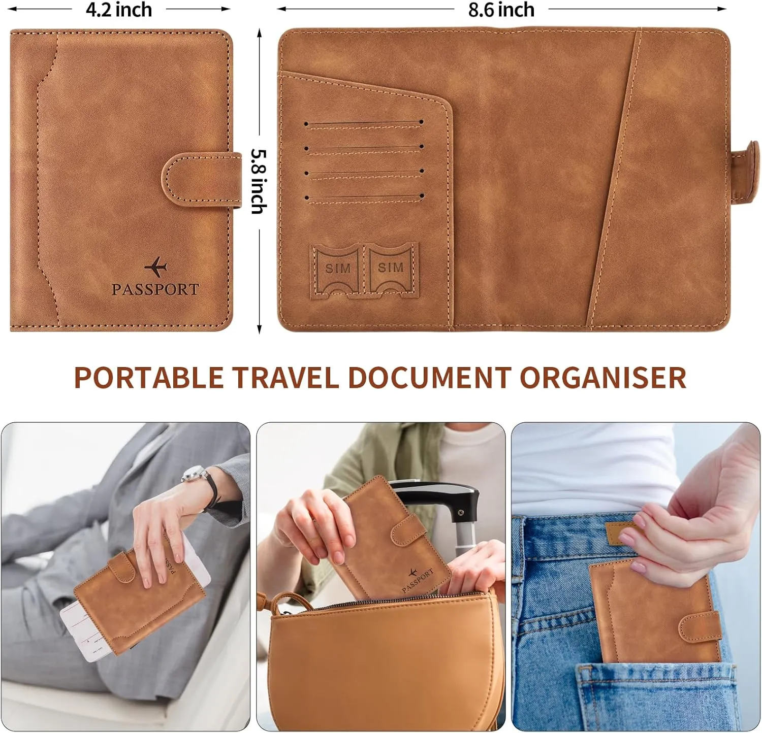 Herain Light Brown Passport Holder for Travel, Passport Wallet Cover Case Women Men Family Cruise Ship Essentials, RFID Passport Book Holders Travel Accessories Vacation Must Haves