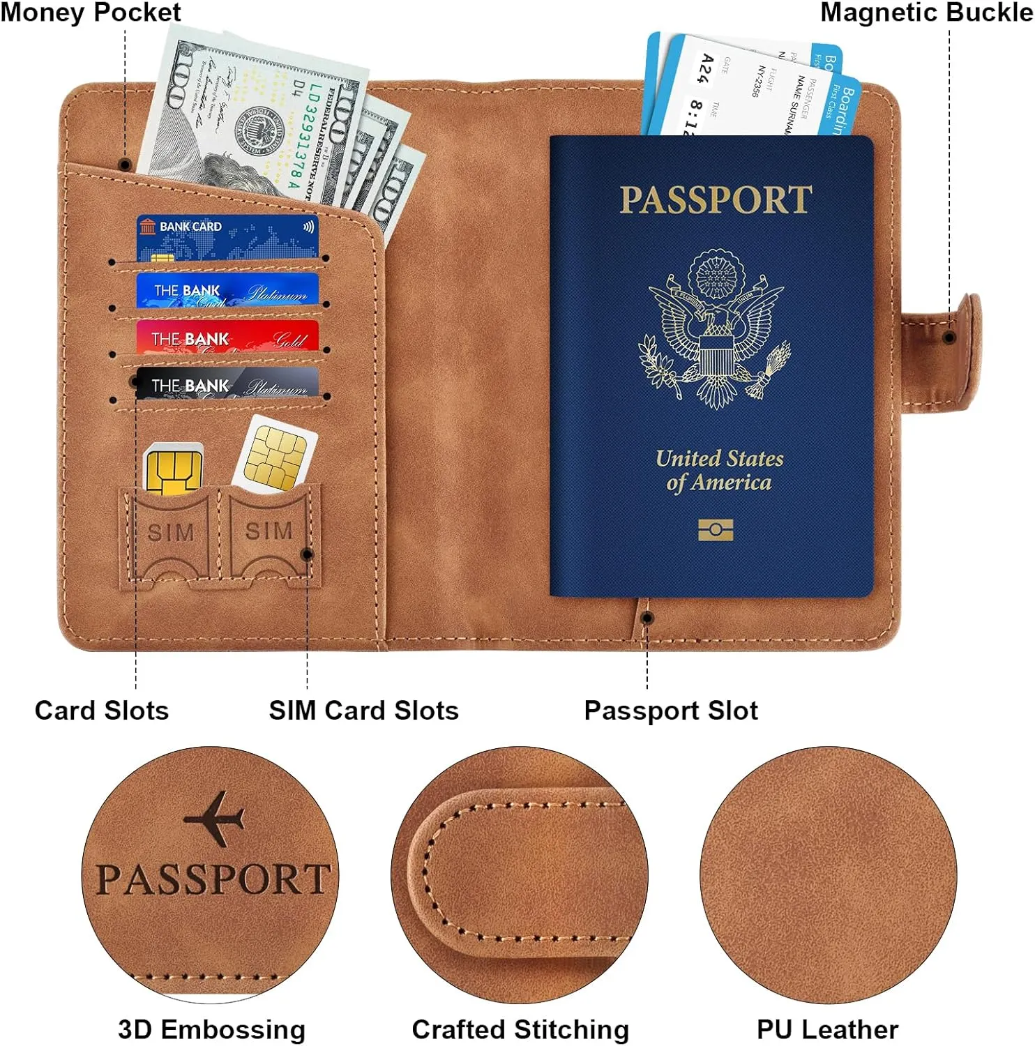 Herain Light Brown Passport Holder for Travel, Passport Wallet Cover Case Women Men Family Cruise Ship Essentials, RFID Passport Book Holders Travel Accessories Vacation Must Haves