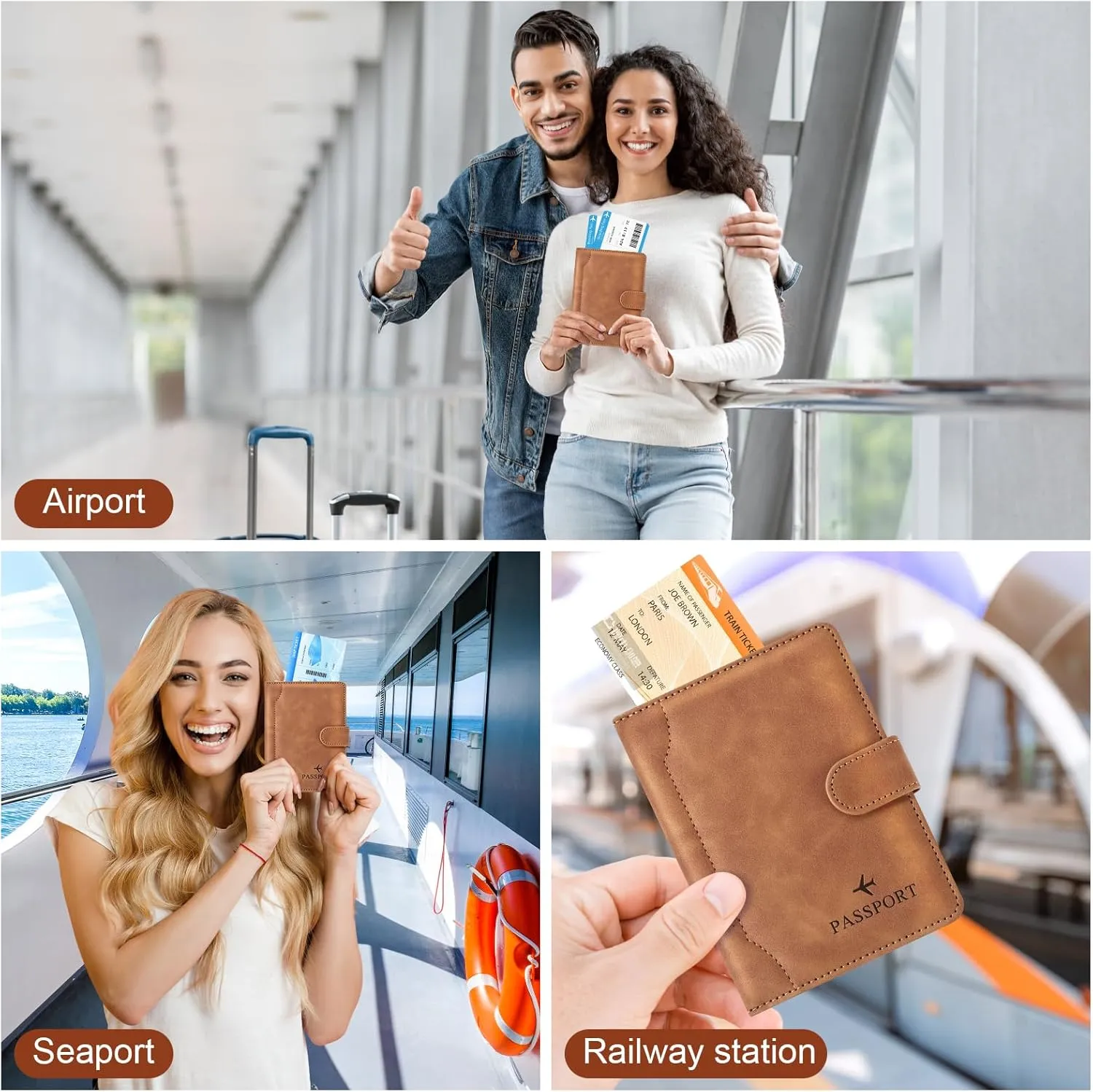 Herain Light Brown Passport Holder for Travel, Passport Wallet Cover Case Women Men Family Cruise Ship Essentials, RFID Passport Book Holders Travel Accessories Vacation Must Haves
