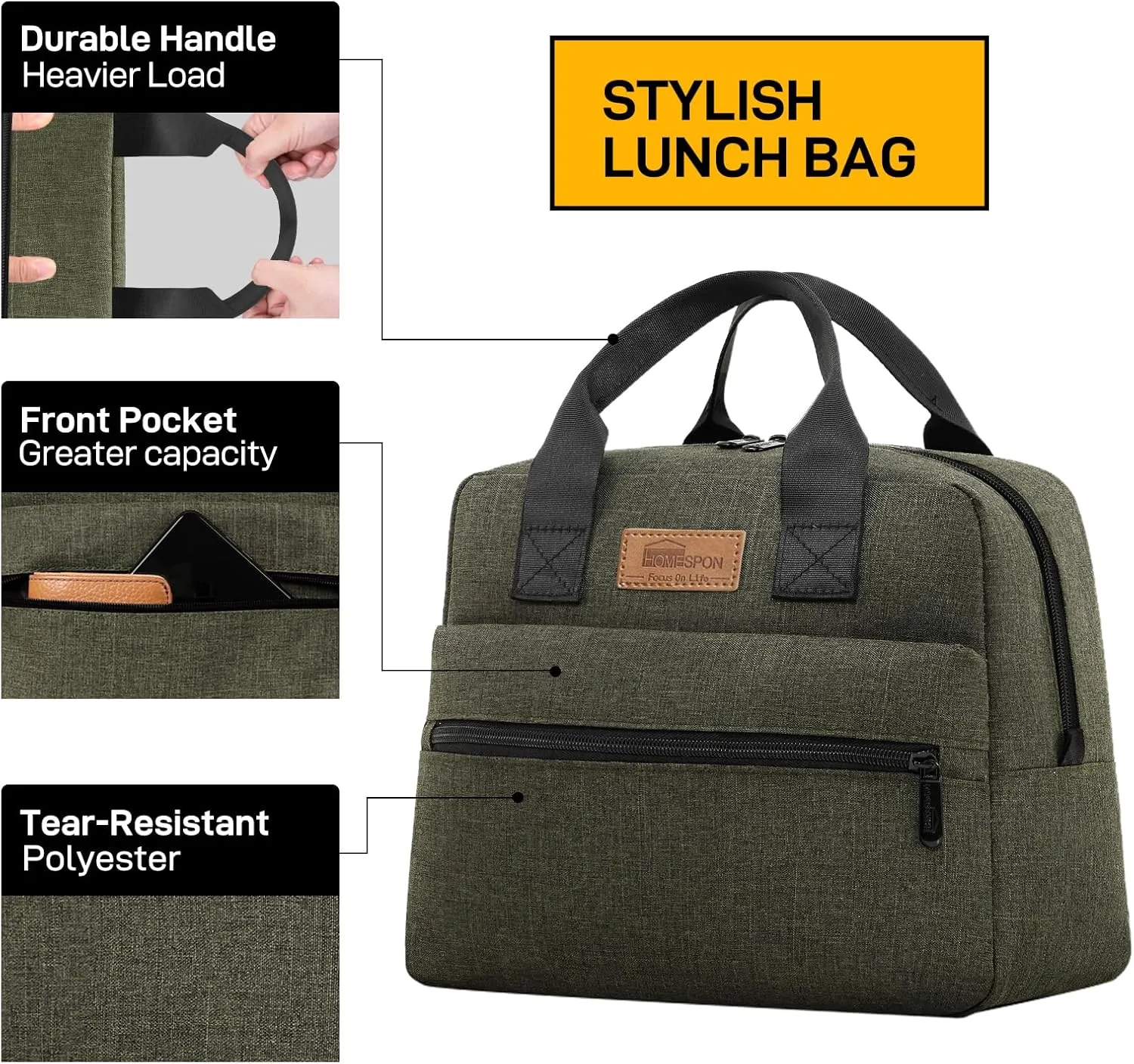 HOMESPON Insulated Lunch Bag for Women Men Lunch Box Cooler Lunch Tote for Work Picnic (Green)