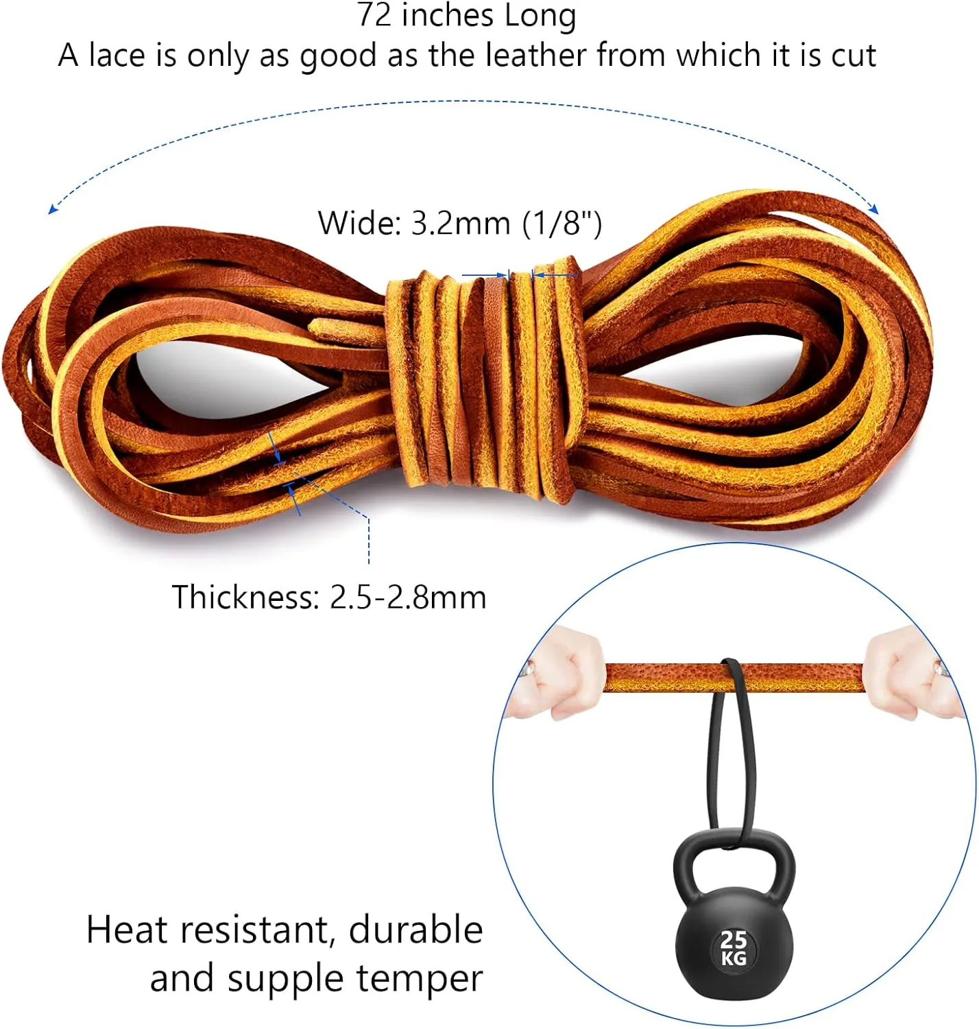 Leather Shoelace Boot Lace Boat Shoe Lacing Kit - 72 Inches Long 3.2mm (1/8") Wide - 1 Needle and 2 Strips