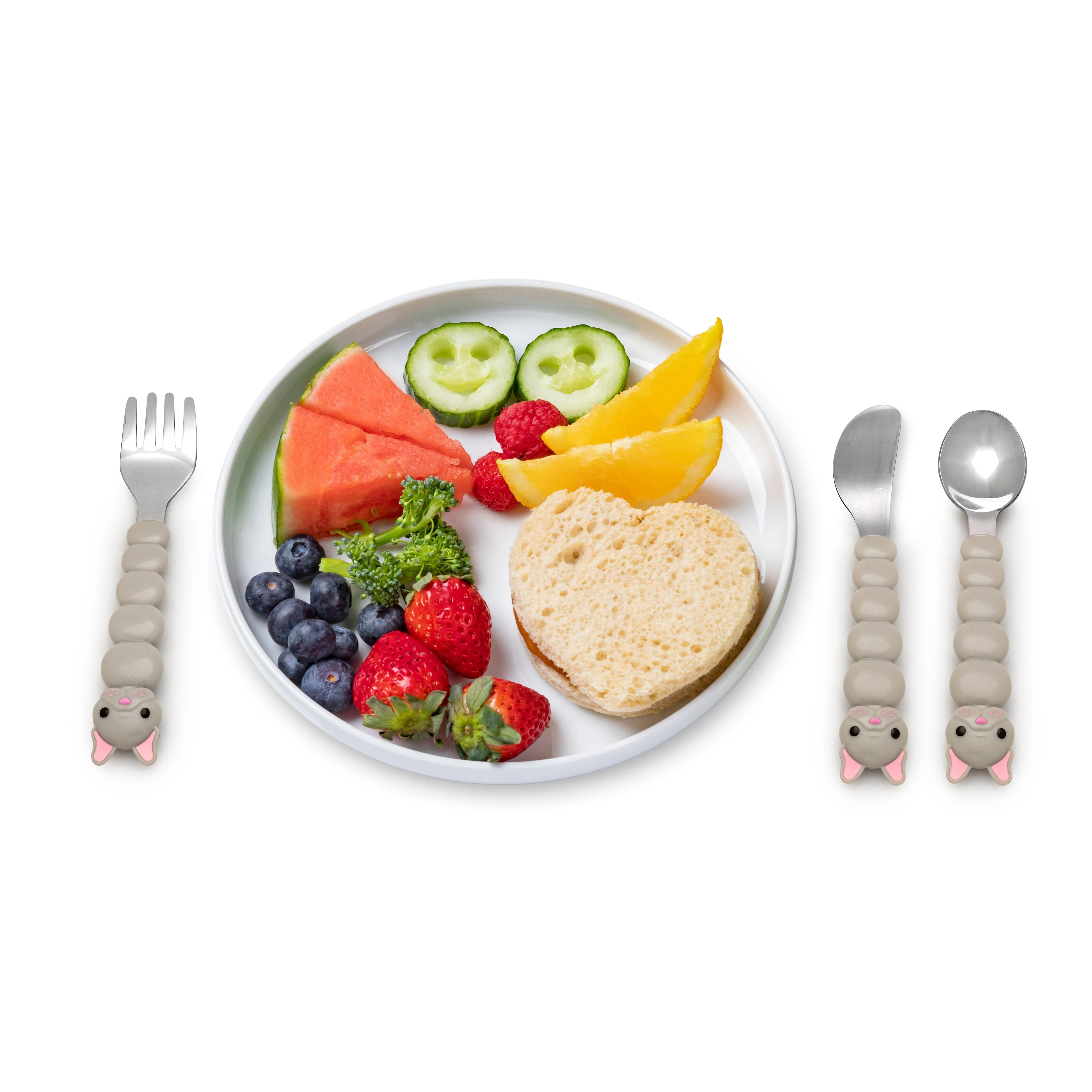 melii Colorful Animal Spoon & Fork Sets for Kids - Encourages Independent Feeding and Fine Motor Skills - BPA-Free, Dishwasher Safe - Purple Cat & Grey Bulldog (6 Pcs)