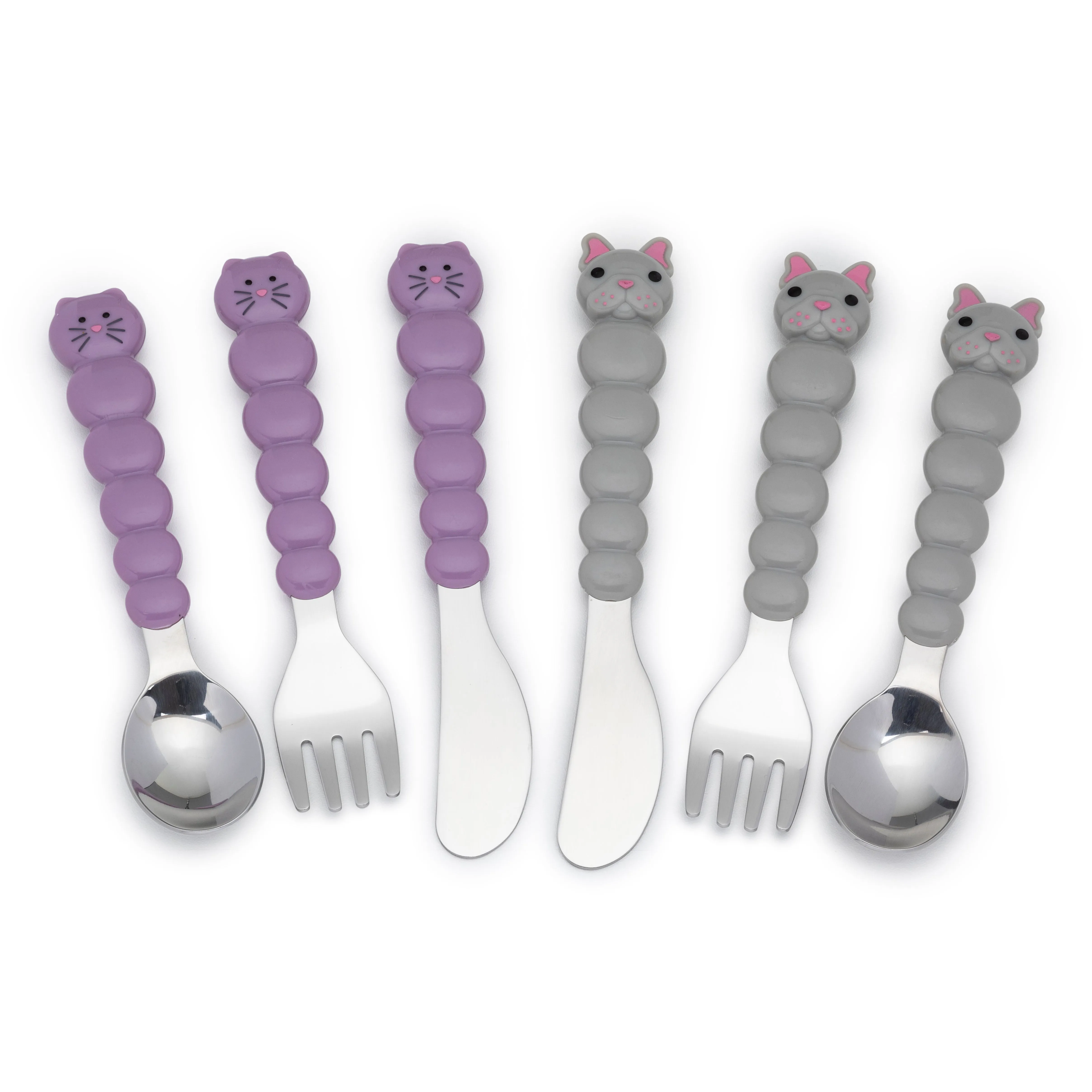 melii Colorful Animal Spoon & Fork Sets for Kids - Encourages Independent Feeding and Fine Motor Skills - BPA-Free, Dishwasher Safe - Purple Cat & Grey Bulldog (6 Pcs)