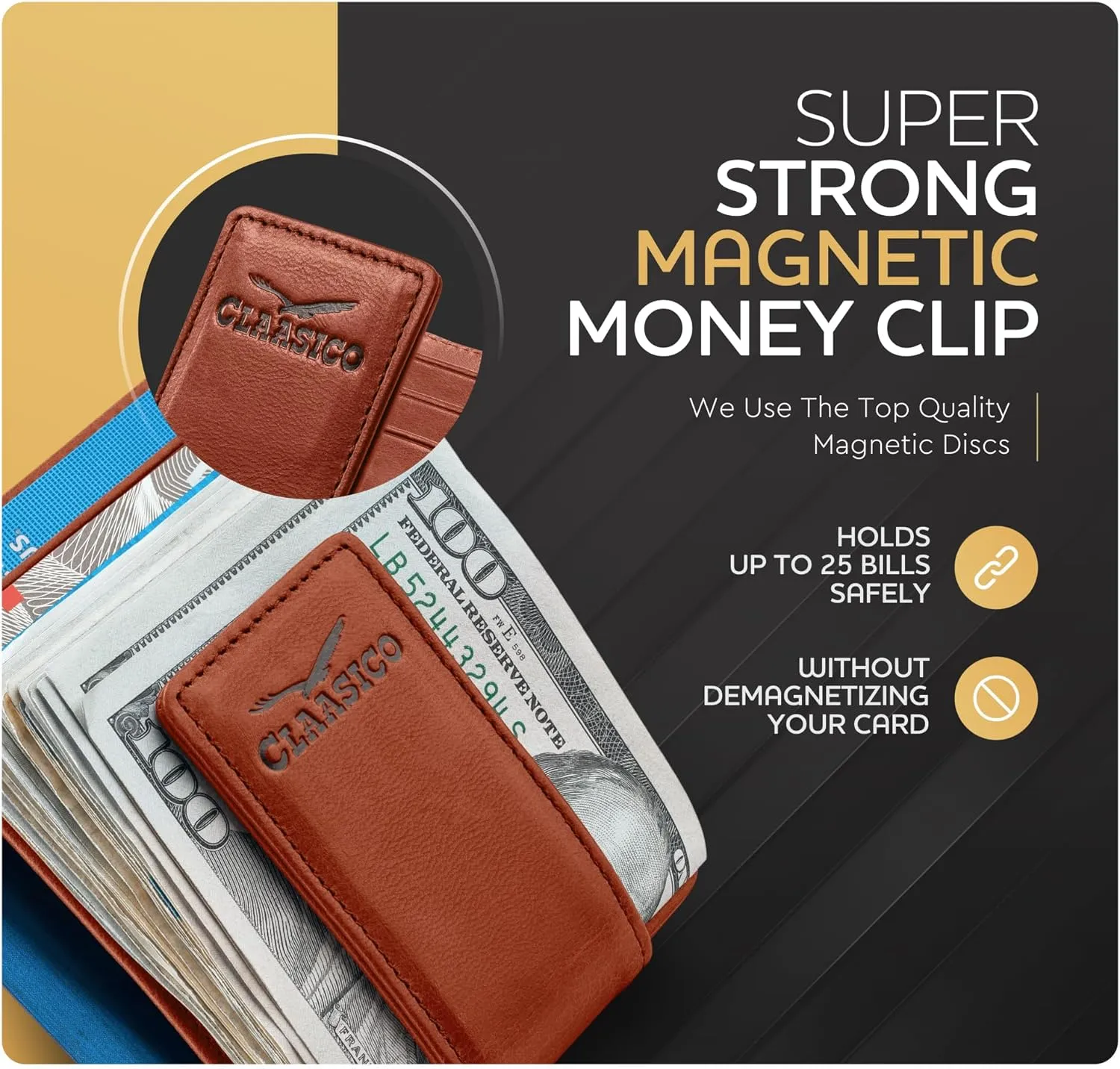 Money Clip Leather Wallet For Men Slim Front Pocket RFID Blocking with Super Strong Magnetic