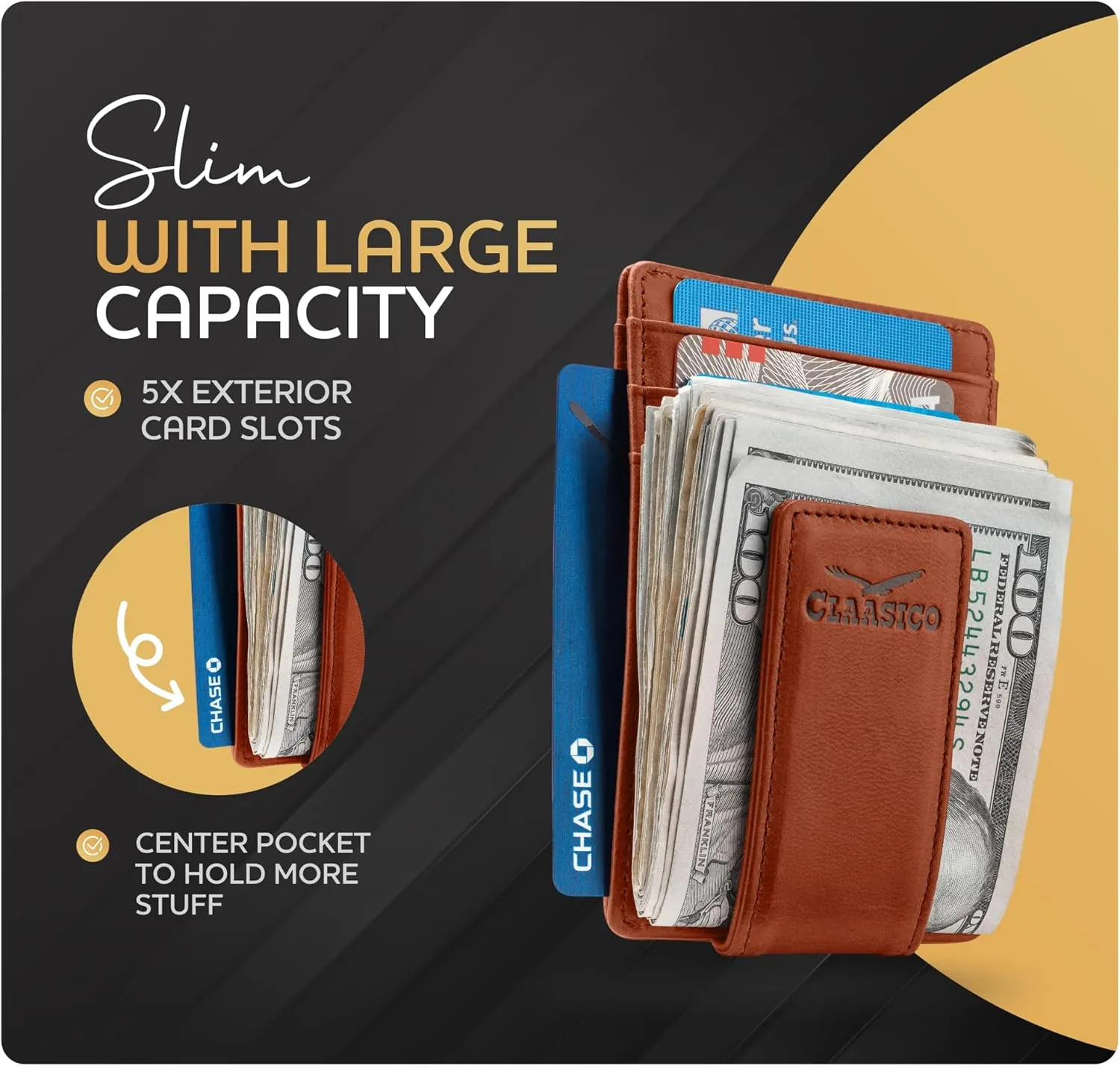 Money Clip Leather Wallet For Men Slim Front Pocket RFID Blocking with Super Strong Magnetic