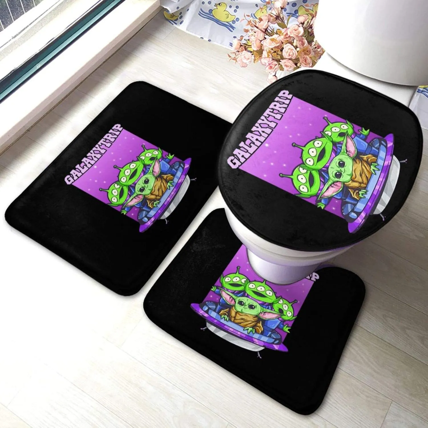 NYF Bath Mat 3 Piece Set Baby Yo-Da Alien Galaxy Trip Purple Floor Carpet Memory Foam U-Shaped Contour Rug   Toilet Lid Cover   Bath Rug Non-Slip Floor Carpet 23.5" X 15.7"