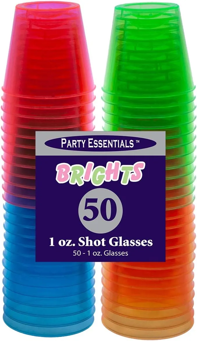 Party Essentials Hard Plastic 1-Ounce Shot Glasses, 50-Count, Assorted Neon