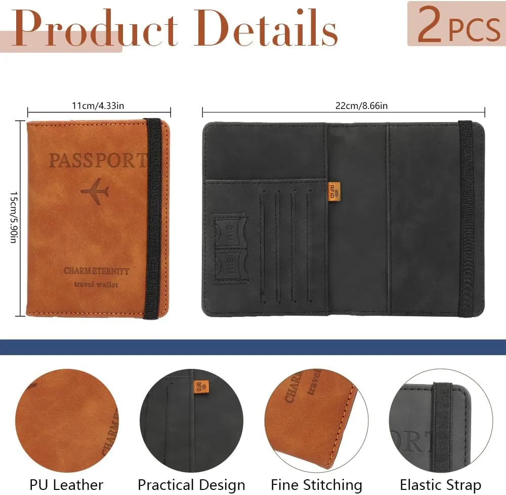 Passport Holder for Travel, 2 Pack Passport Wallet, PU Leather Passport Cover Case, RFID Blocking Passport Book with Card Holder Travel Must Haves Travel Essentials Travel Accessories for Men Women
