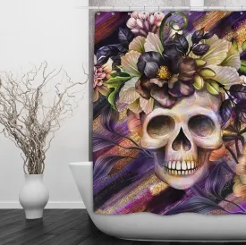 Plum and Gold Floral Skull Shower Curtains and Optional Bath Mats