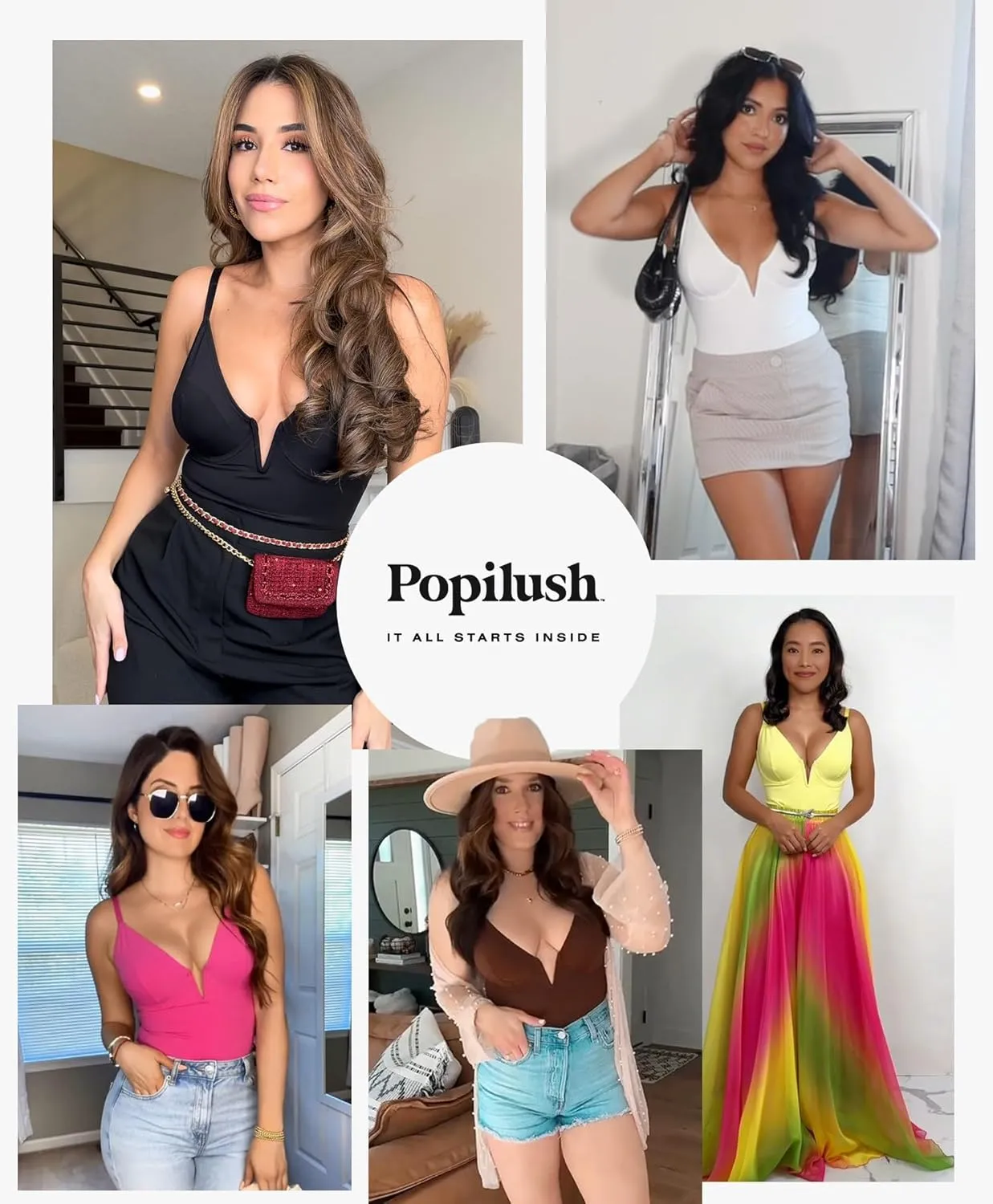Popilush Shapewear Bodysuits for Women - Tummy Control Body Suits for Womens Deep V Corset Tops Thong Concert Outfits
