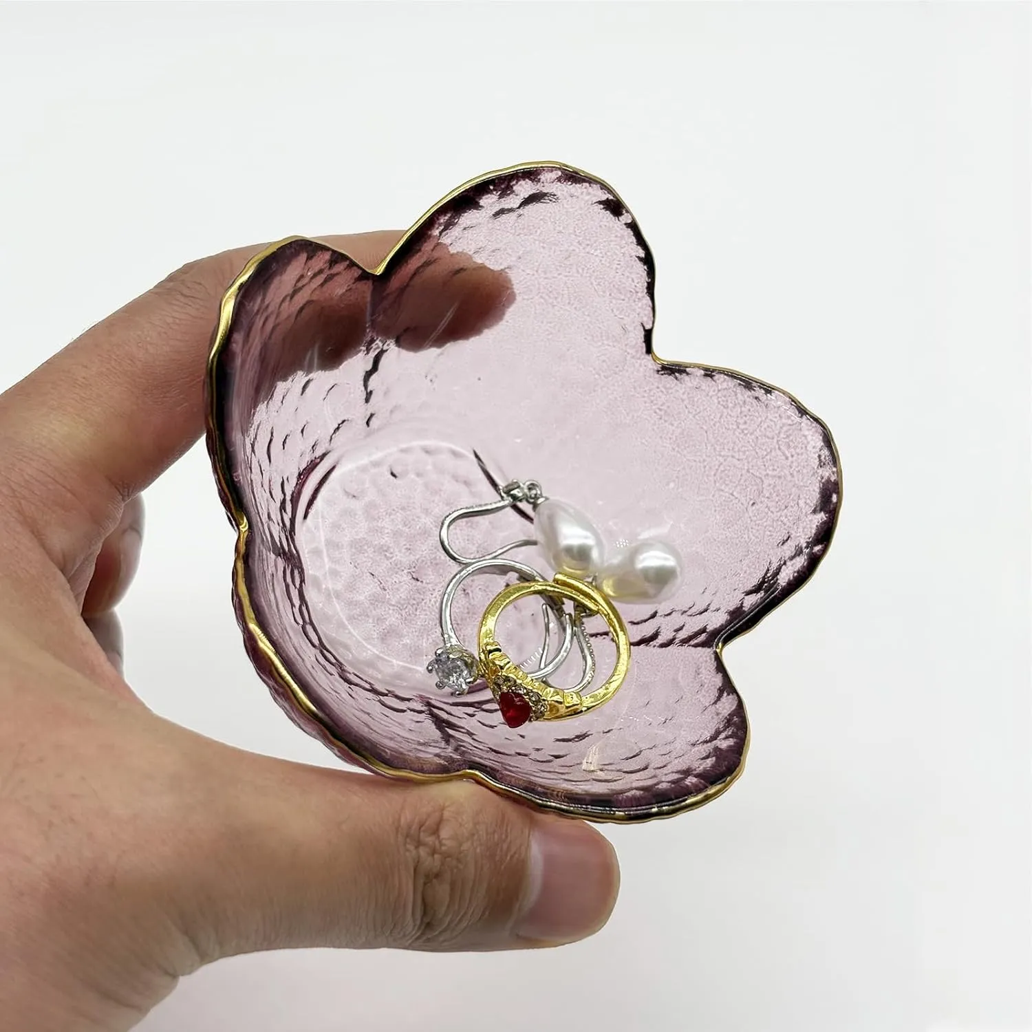 Purple Flower Ring Dish, Small Glass Jewlery Dish Tray, Crystal Jewelry Ring Holder Dish Trinket Bowl,Vanity Room Decor Engagement Gift Jewelry Bowl Dish for Rings,Earrings, Bathroom Soap Dish