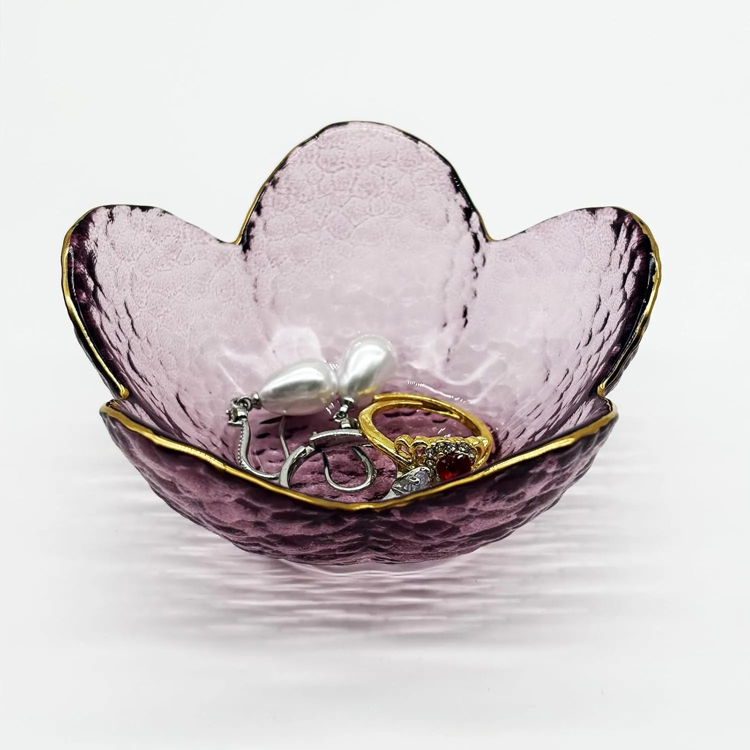 Purple Flower Ring Dish, Small Glass Jewlery Dish Tray, Crystal Jewelry Ring Holder Dish Trinket Bowl,Vanity Room Decor Engagement Gift Jewelry Bowl Dish for Rings,Earrings, Bathroom Soap Dish