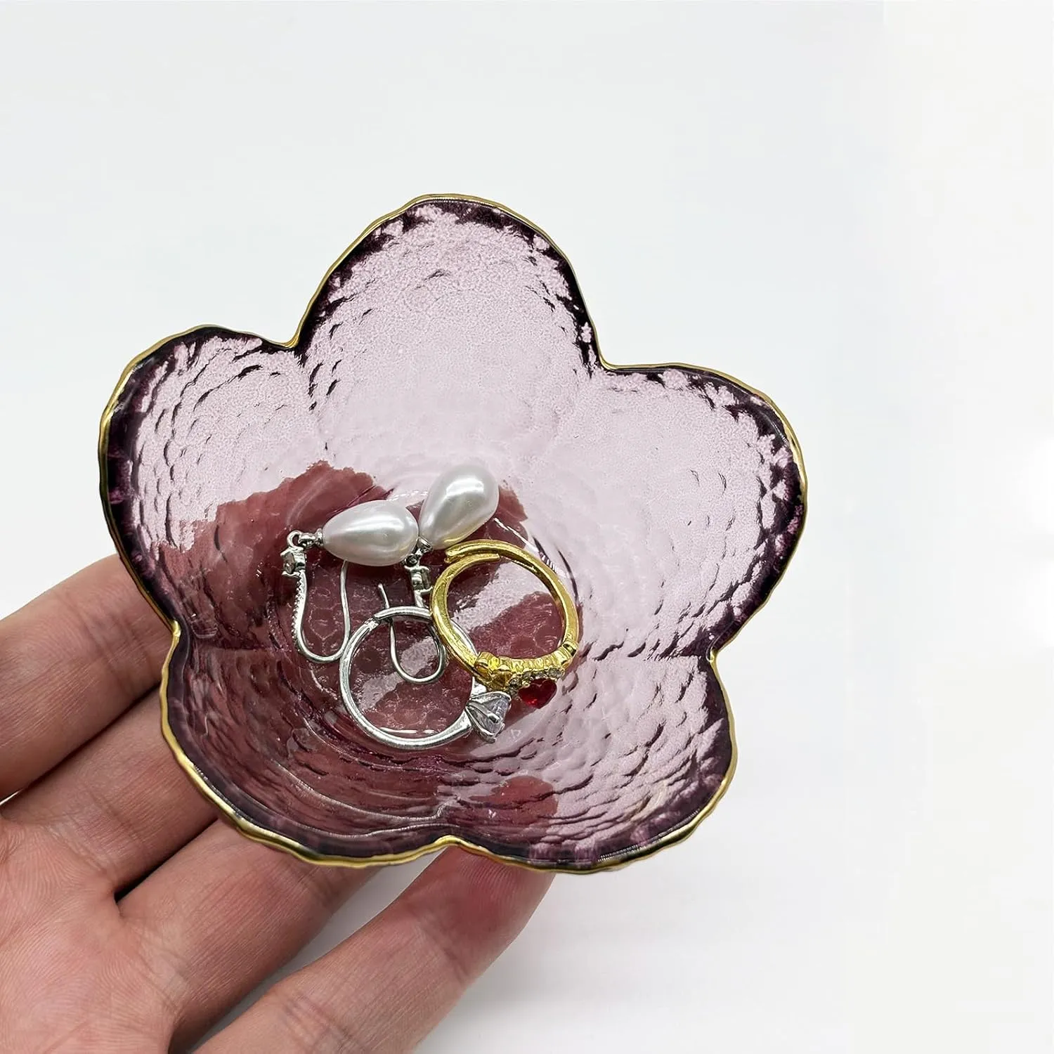 Purple Flower Ring Dish, Small Glass Jewlery Dish Tray, Crystal Jewelry Ring Holder Dish Trinket Bowl,Vanity Room Decor Engagement Gift Jewelry Bowl Dish for Rings,Earrings, Bathroom Soap Dish