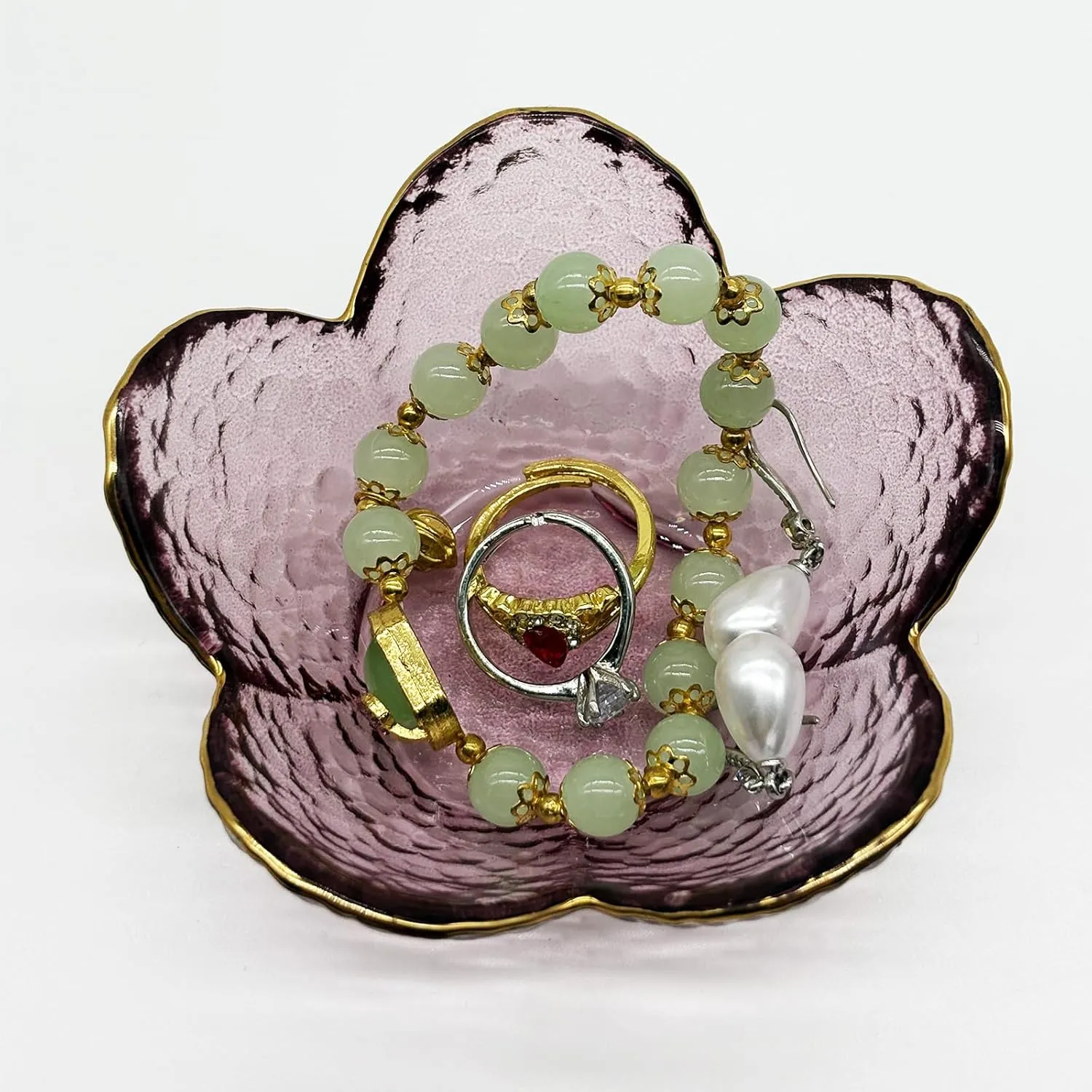 Purple Flower Ring Dish, Small Glass Jewlery Dish Tray, Crystal Jewelry Ring Holder Dish Trinket Bowl,Vanity Room Decor Engagement Gift Jewelry Bowl Dish for Rings,Earrings, Bathroom Soap Dish