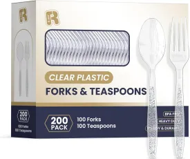 R-kay 200 Count Plastic Silverware Heavy Duty - Clear Plastic Forks And Spoons Set - BPA Free Plastic Utensils Set - Heat Resistance Plastic Cutlery For All Occasions
