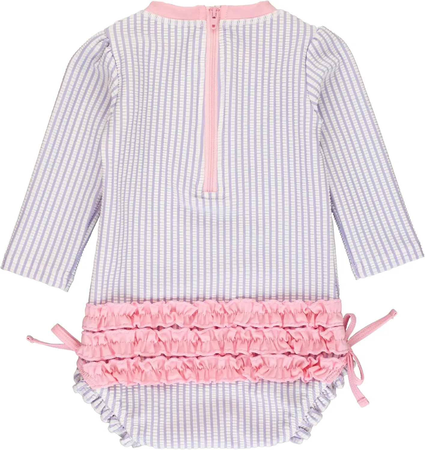 RuffleButts Baby/Toddler Girls Seersucker Long Sleeve One Piece Rash Guard Swimsuit with UPF 50  Sun Protection