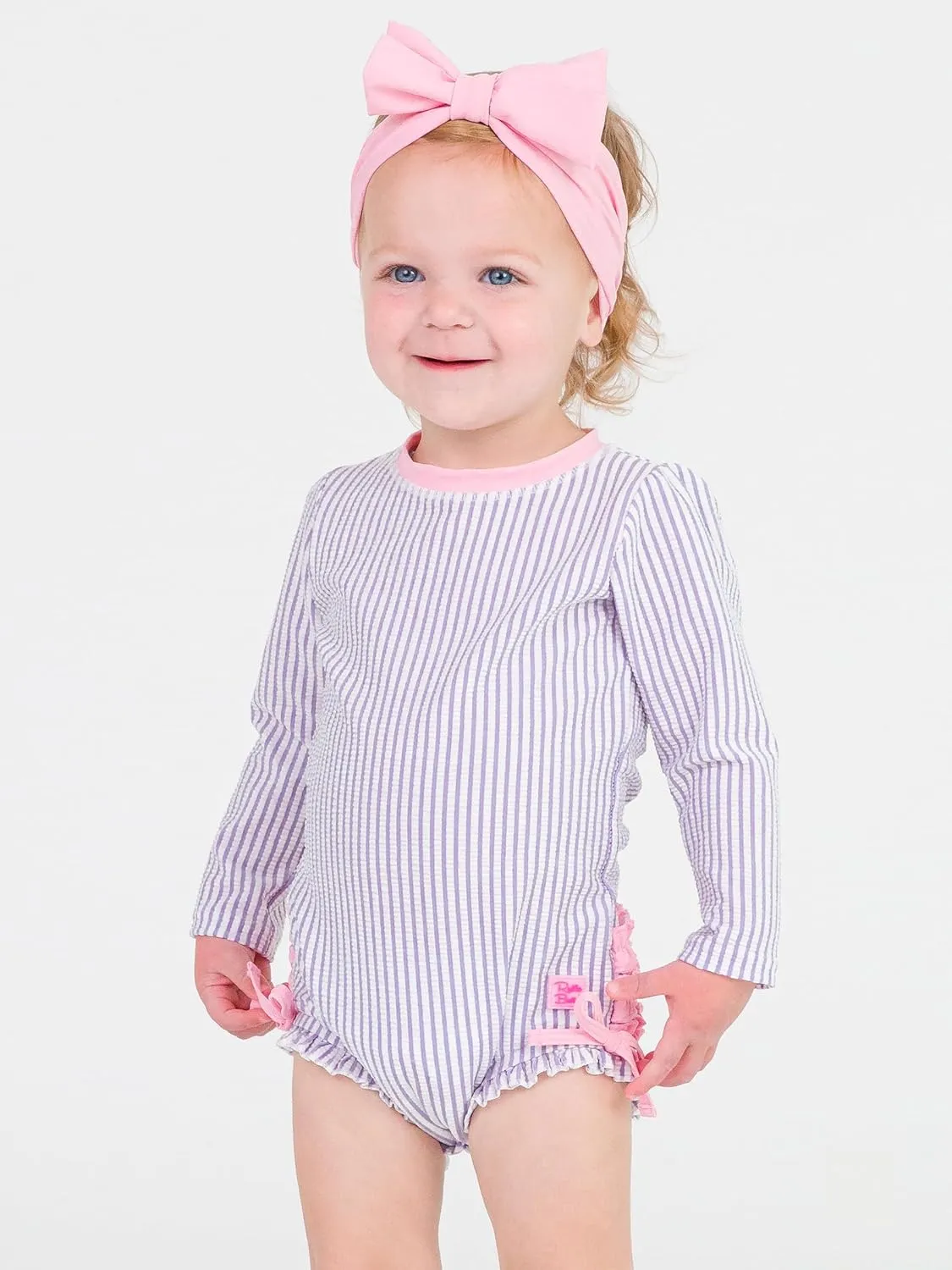 RuffleButts Baby/Toddler Girls Seersucker Long Sleeve One Piece Rash Guard Swimsuit with UPF 50  Sun Protection