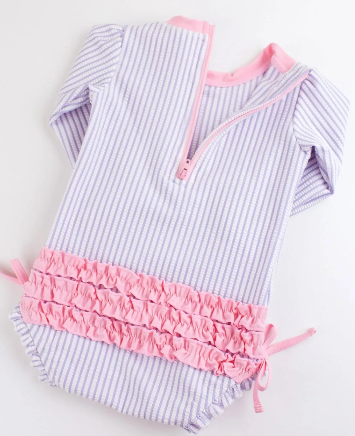 RuffleButts Baby/Toddler Girls Seersucker Long Sleeve One Piece Rash Guard Swimsuit with UPF 50  Sun Protection