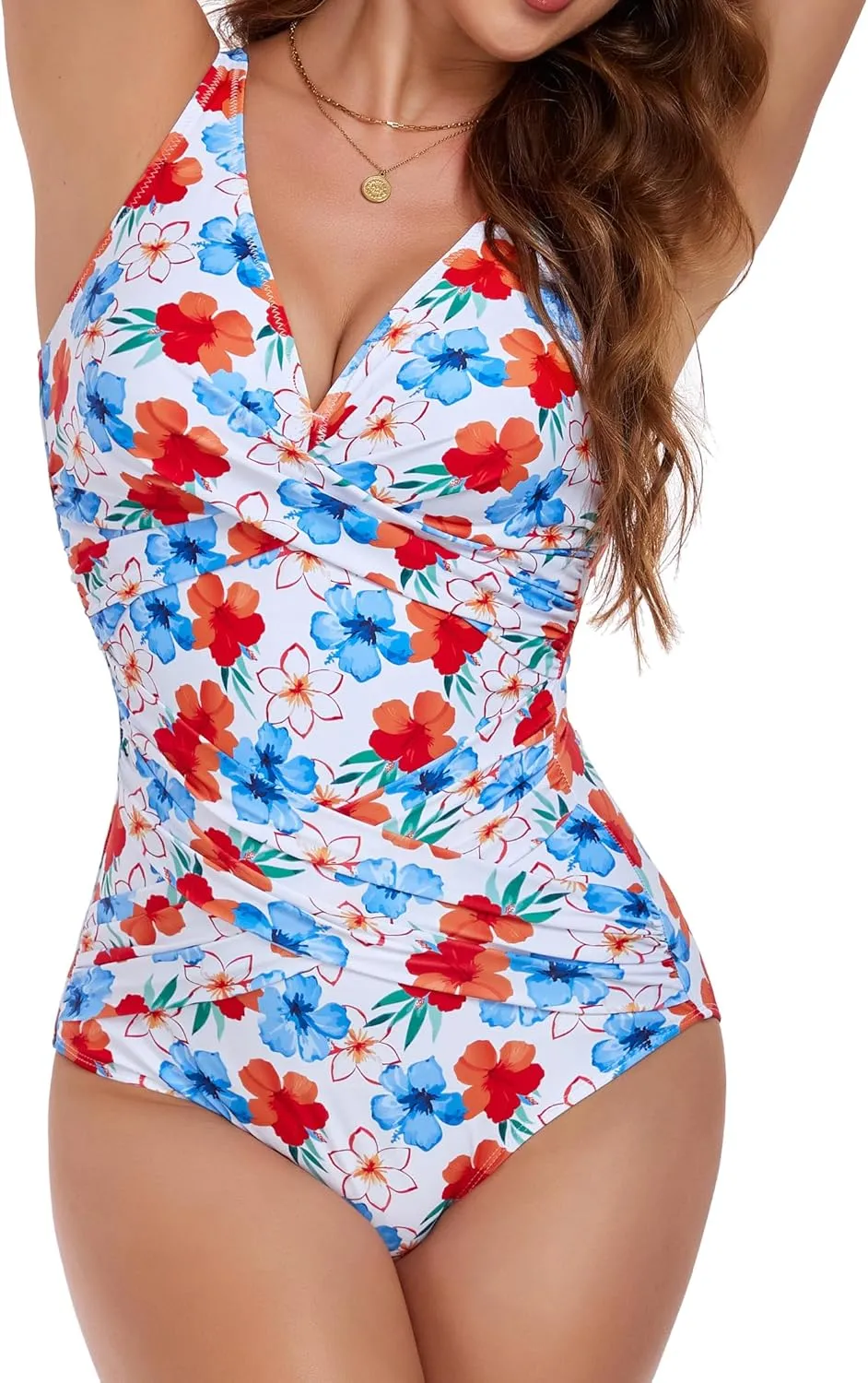 Smismivo Tummy Control Swimsuits for Women Slimming One Piece Bathing Suit Retro Ruched Push Up Vintage Padded Swimwear