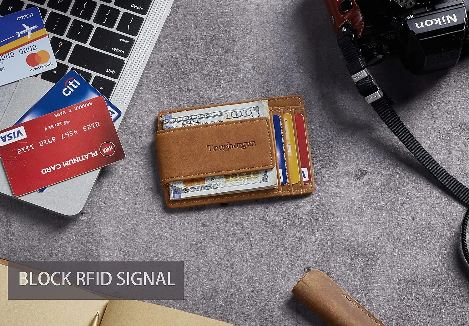 Toughergun Slim Minimalist Wallet for Men with Magnetic Money Clip Leather Wallet, Credit Card Holder RFID Blocking Front Pocket Holds Cash and Cards