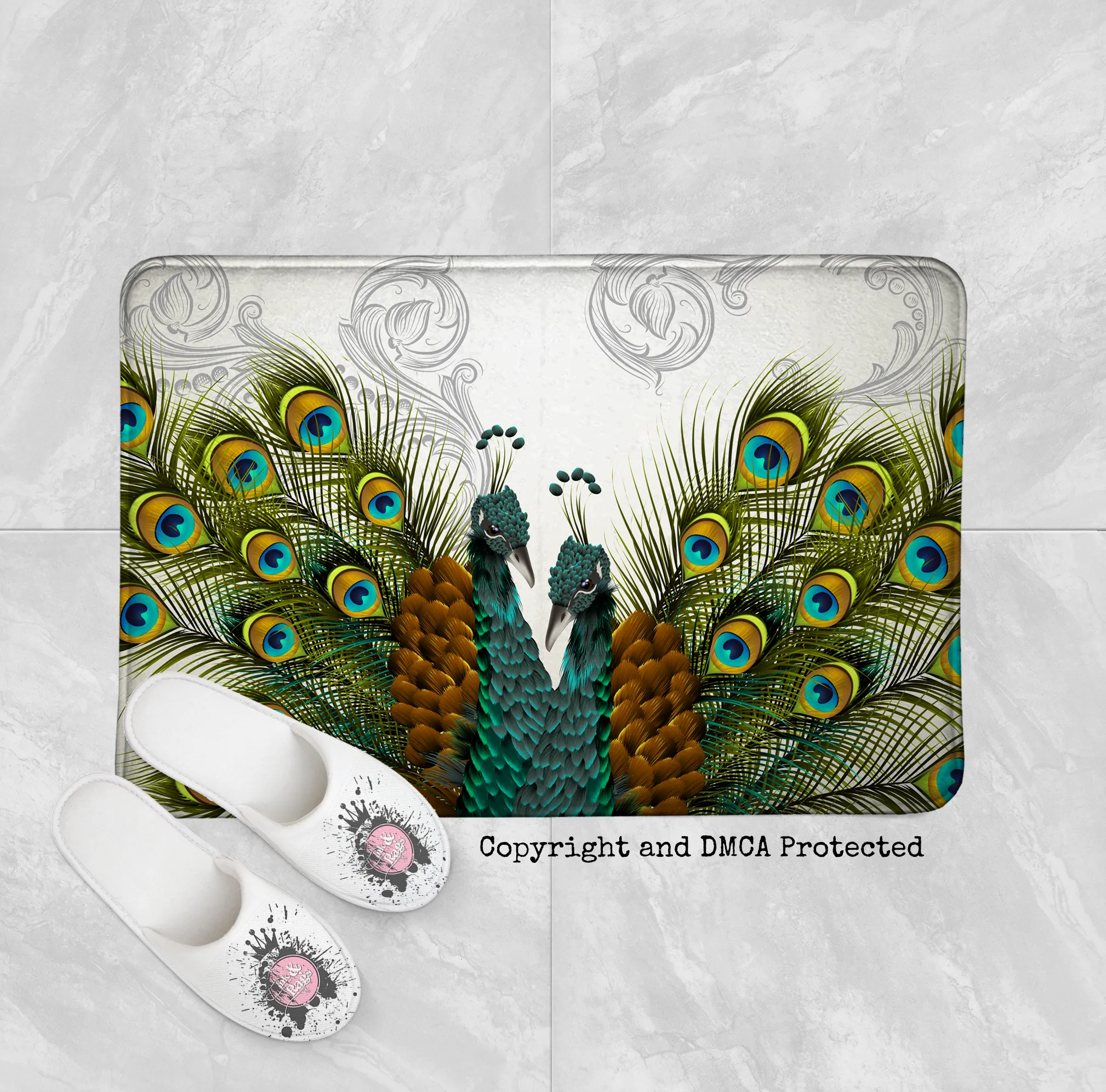 Twin Peacocks Off White Shower Curtains and Optional Bath Mats