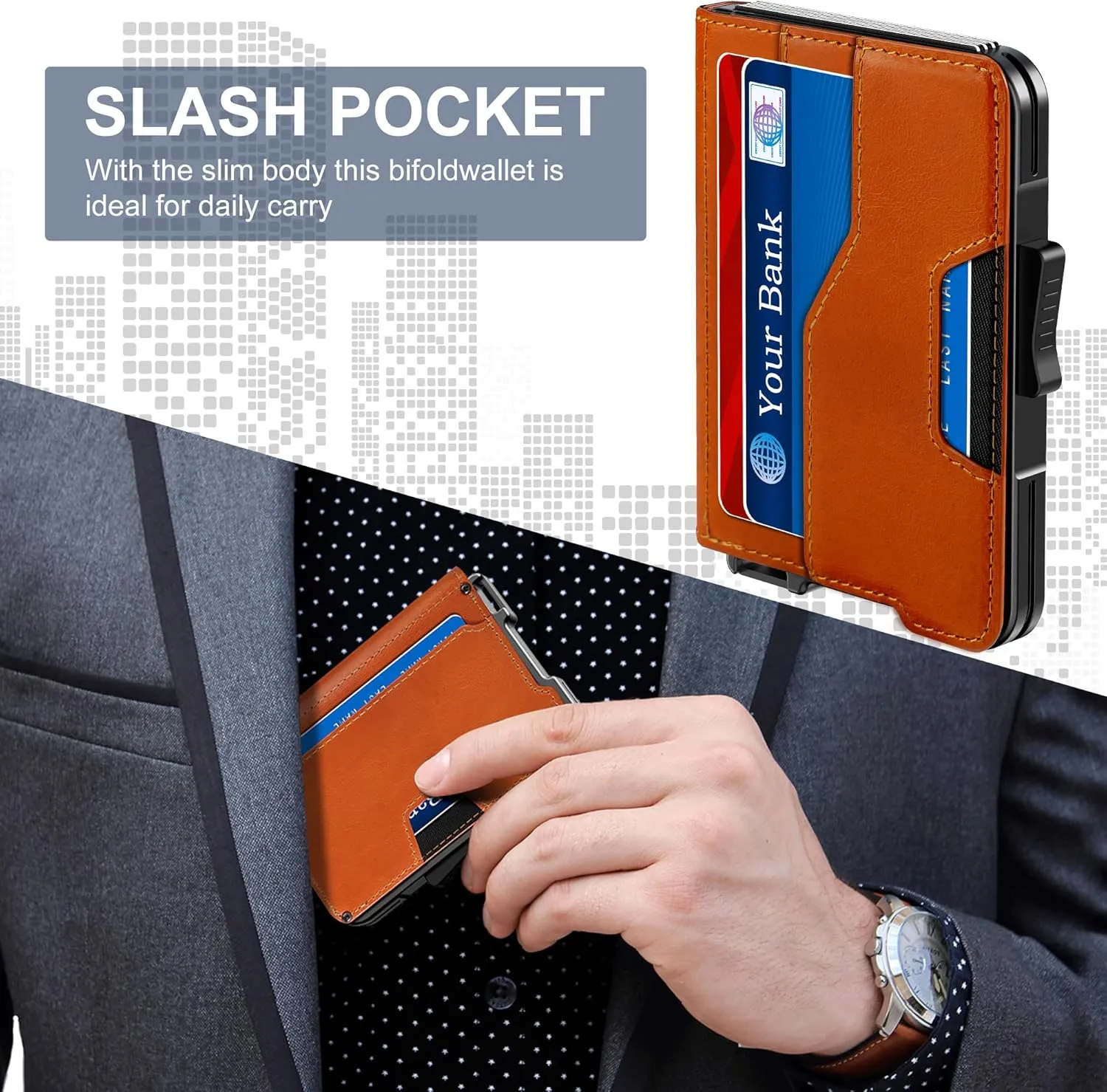 Wallet for Men - Pop Up Case, Cash Slot, and Credit Card Wallet - Slim Minimalist Aluminum Front Pocket Wallet with RFID Blocking/ID Window (Genuine Leather Brown)