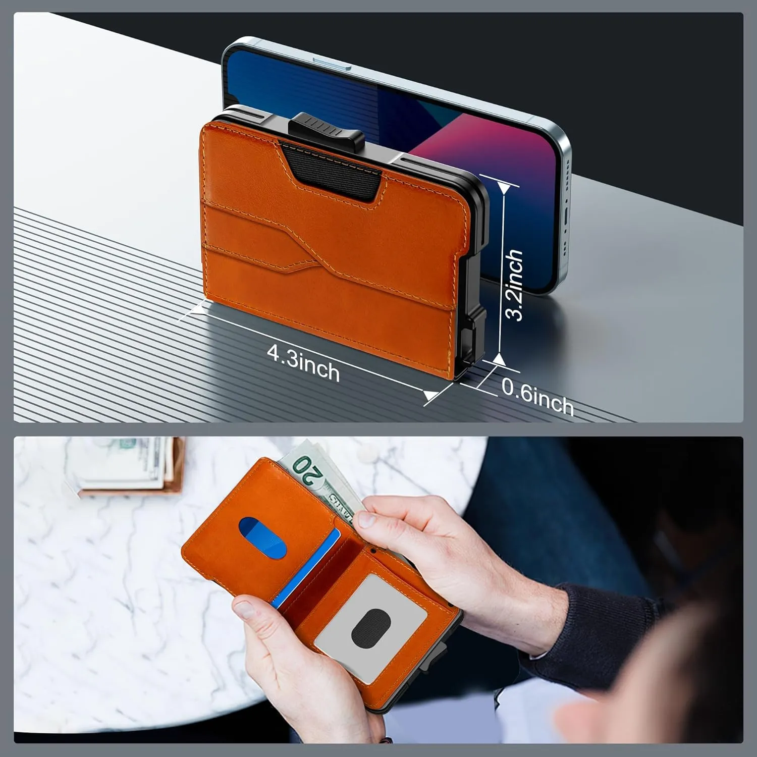 Wallet for Men - Pop Up Case, Cash Slot, and Credit Card Wallet - Slim Minimalist Aluminum Front Pocket Wallet with RFID Blocking/ID Window (Genuine Leather Brown)