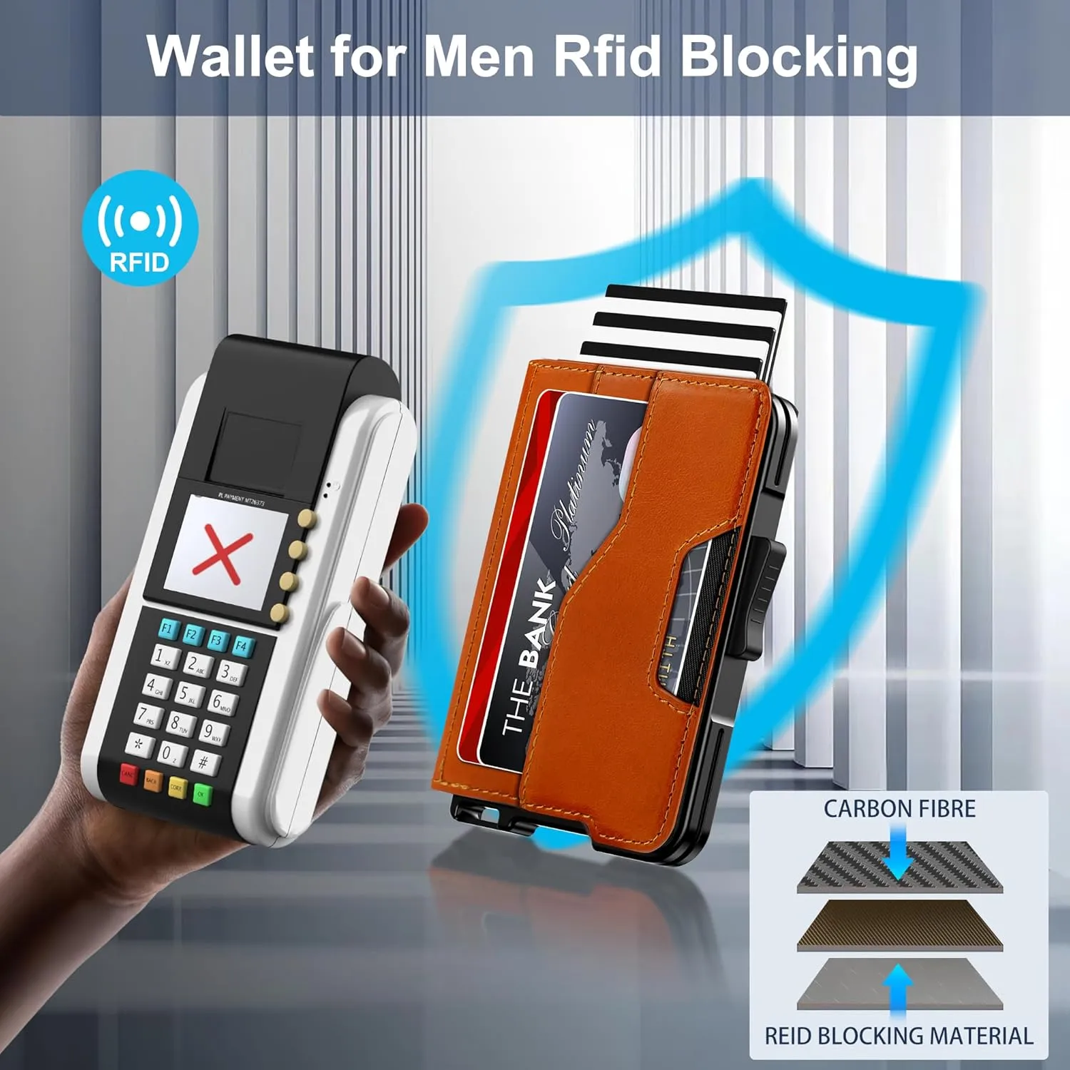 Wallet for Men - Pop Up Case, Cash Slot, and Credit Card Wallet - Slim Minimalist Aluminum Front Pocket Wallet with RFID Blocking/ID Window (Genuine Leather Brown)